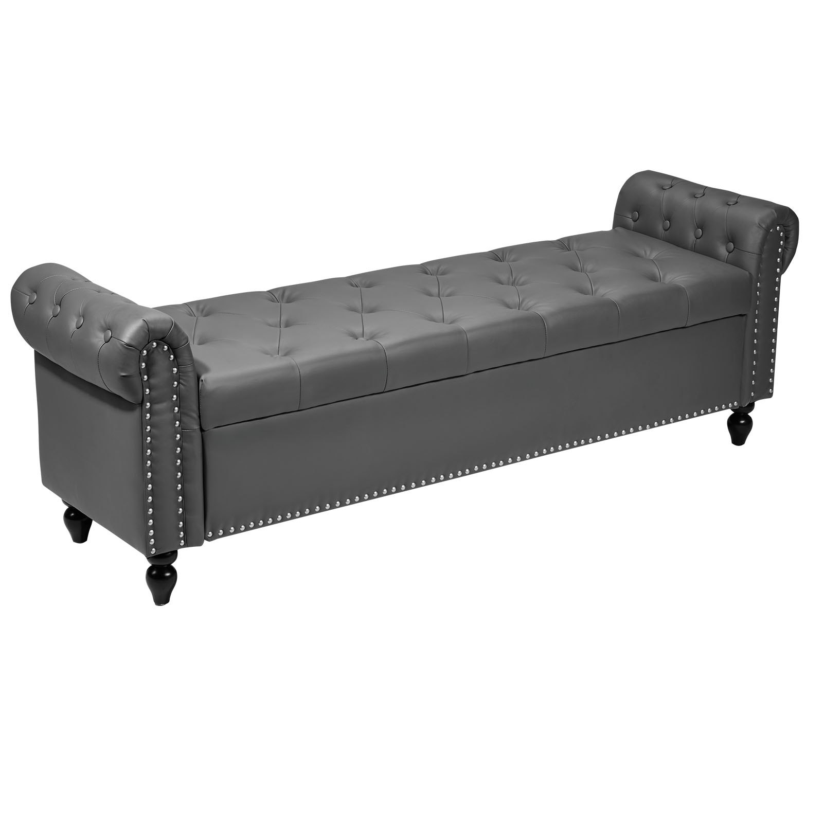 Button-Tufted Storage Ottoman Bench, Rolled Arm PU Leather Bench With Solid Wood Legs, Modern Shoe Benches Seat For Entryway, Upholstered End Of Bed Benches For Living Room, Dining Room, Gray