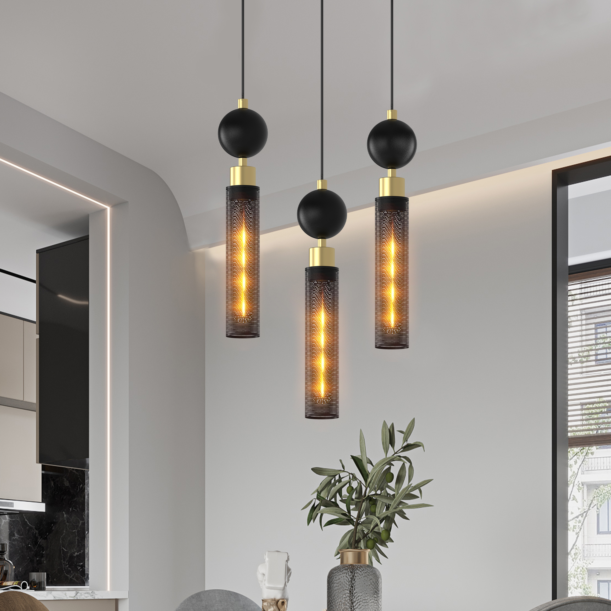 Modern Black Wrought Iron Pendant Light For Kitchen Island, Adjustable Cord Pendant Fixture, Hanging Lighting Over Kitchen Island, Indoor Chandelier For Bedroom & Bathroom