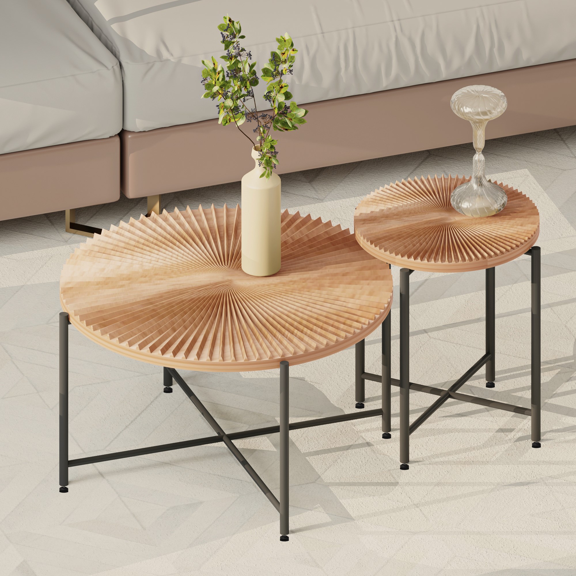 Radial Pattern 2-Piece Coffee And End Table Set -Waterproof MDF With PVC Cover, Distressed Cylindrical Design, Black Metal Legs -Classic Rustic Charm, Red Cedar-Brown