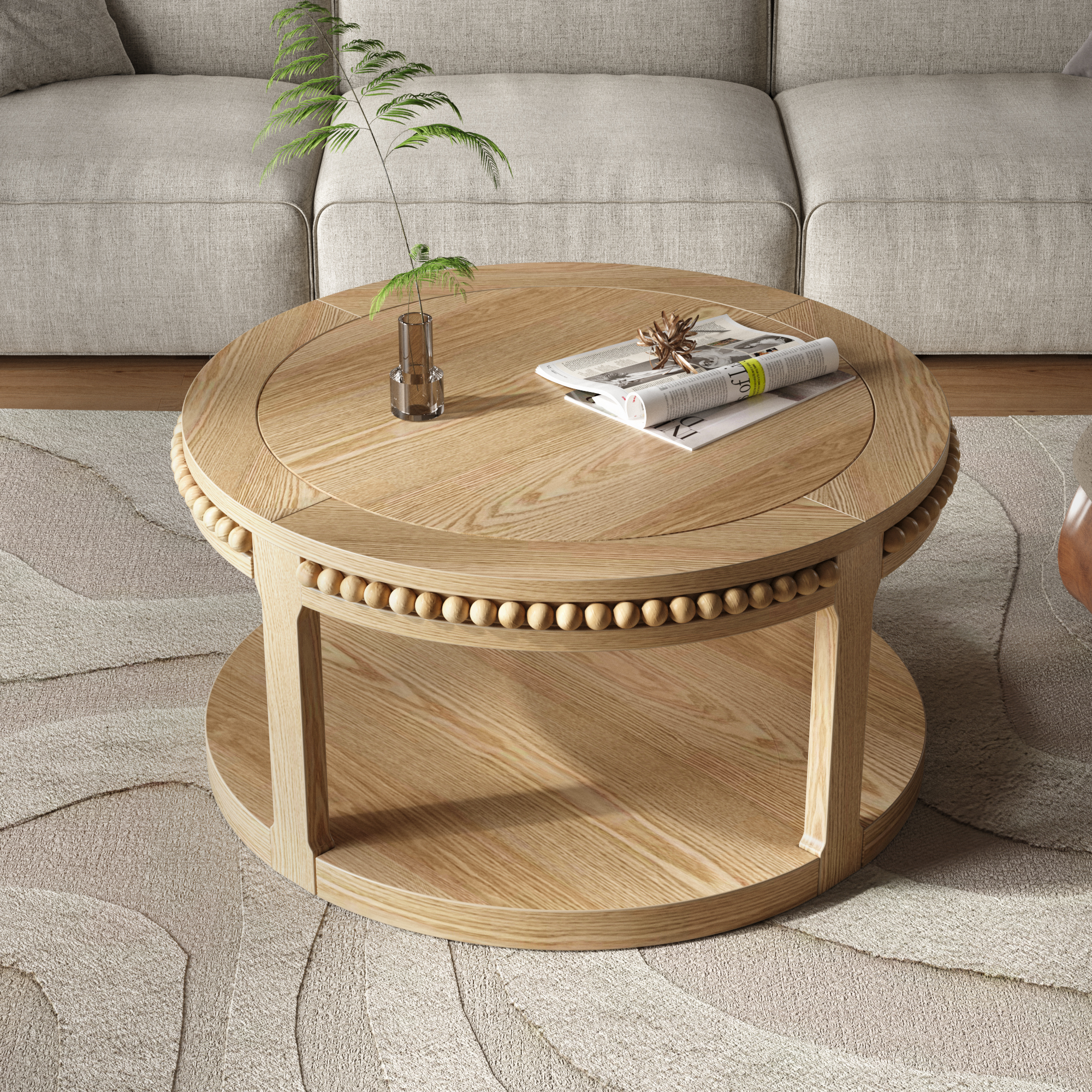 31.5 Inch Round Solid Wood Coffee Table & Sofa Table - Two-Tier Thickened Top, Sturdy Legs, Circle Table For Living Room  Natural Wood