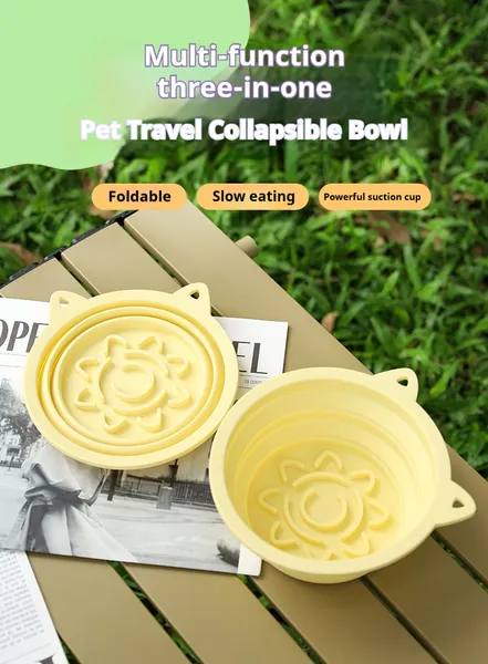 3-in-1 Pet Travel Collapsible Bowl Foldable Slow-Feeder With Strong Suction Cups  Portable Silicone Dog Bowl With Hook For Hanging On Collar-Backpack