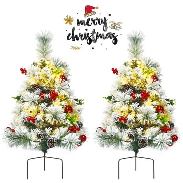 2 Árboles de Navidad flocados preiluminados para camino, 15.5 x 15.5 x 29 pulgadas