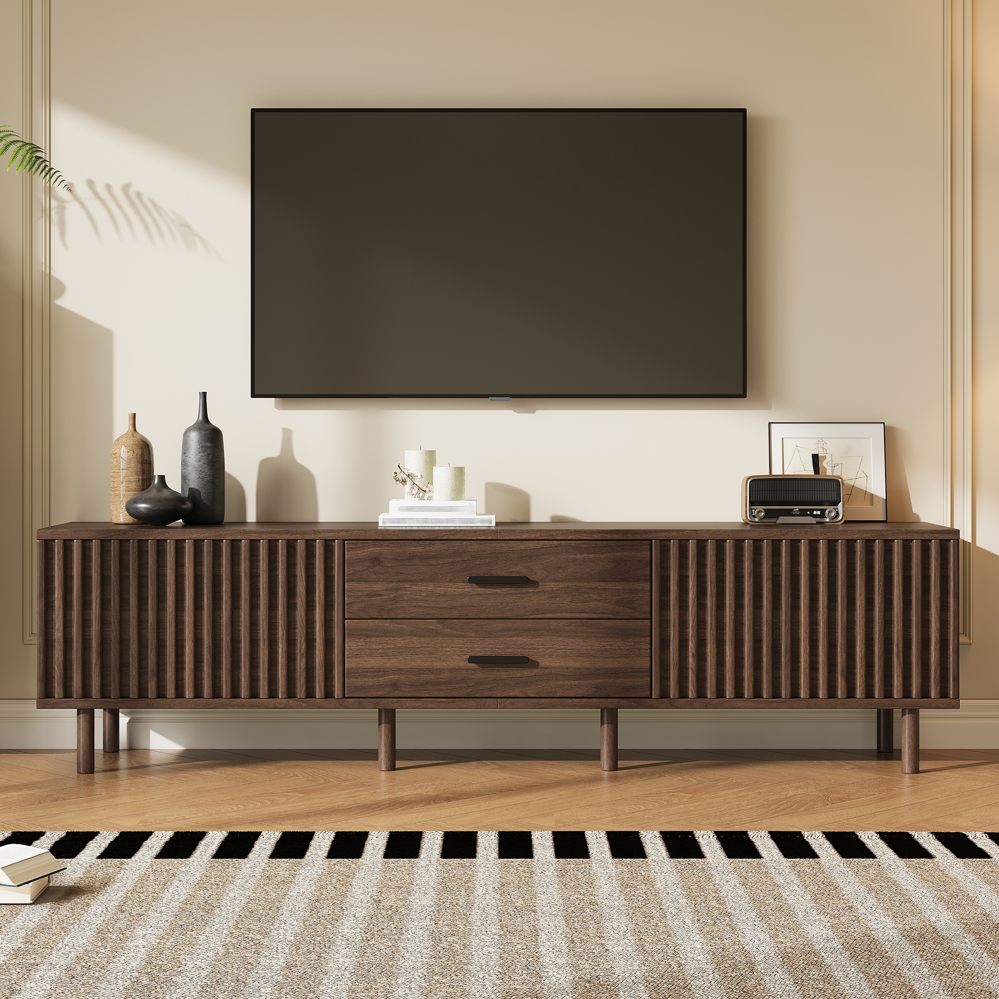 Mueble de TV moderno de 70 pulgadas para televisores de hasta 80 pulgadas, con almacenamiento.