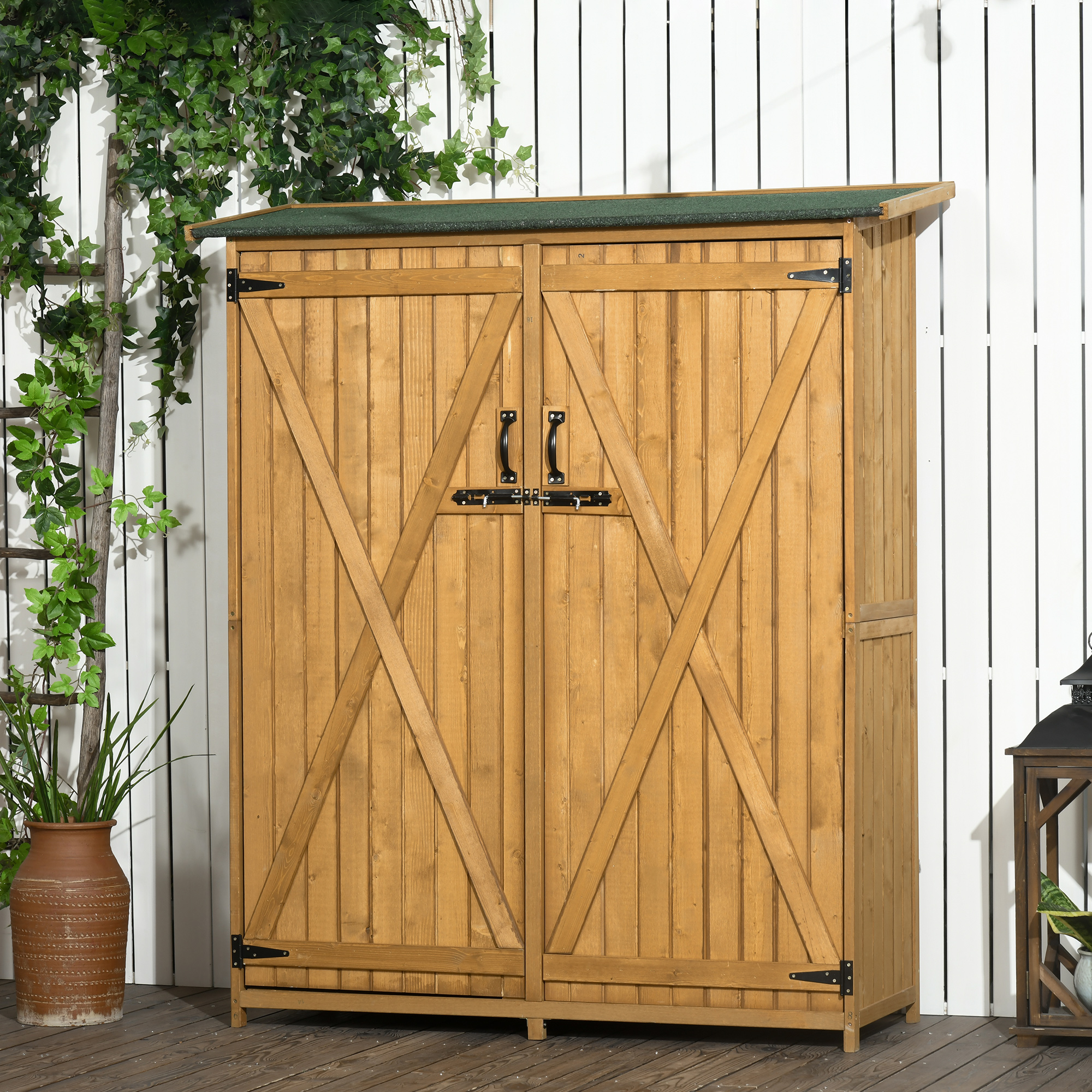Armario de almacenamiento exterior de madera, 3 estantes, puertas con cerradura, natural