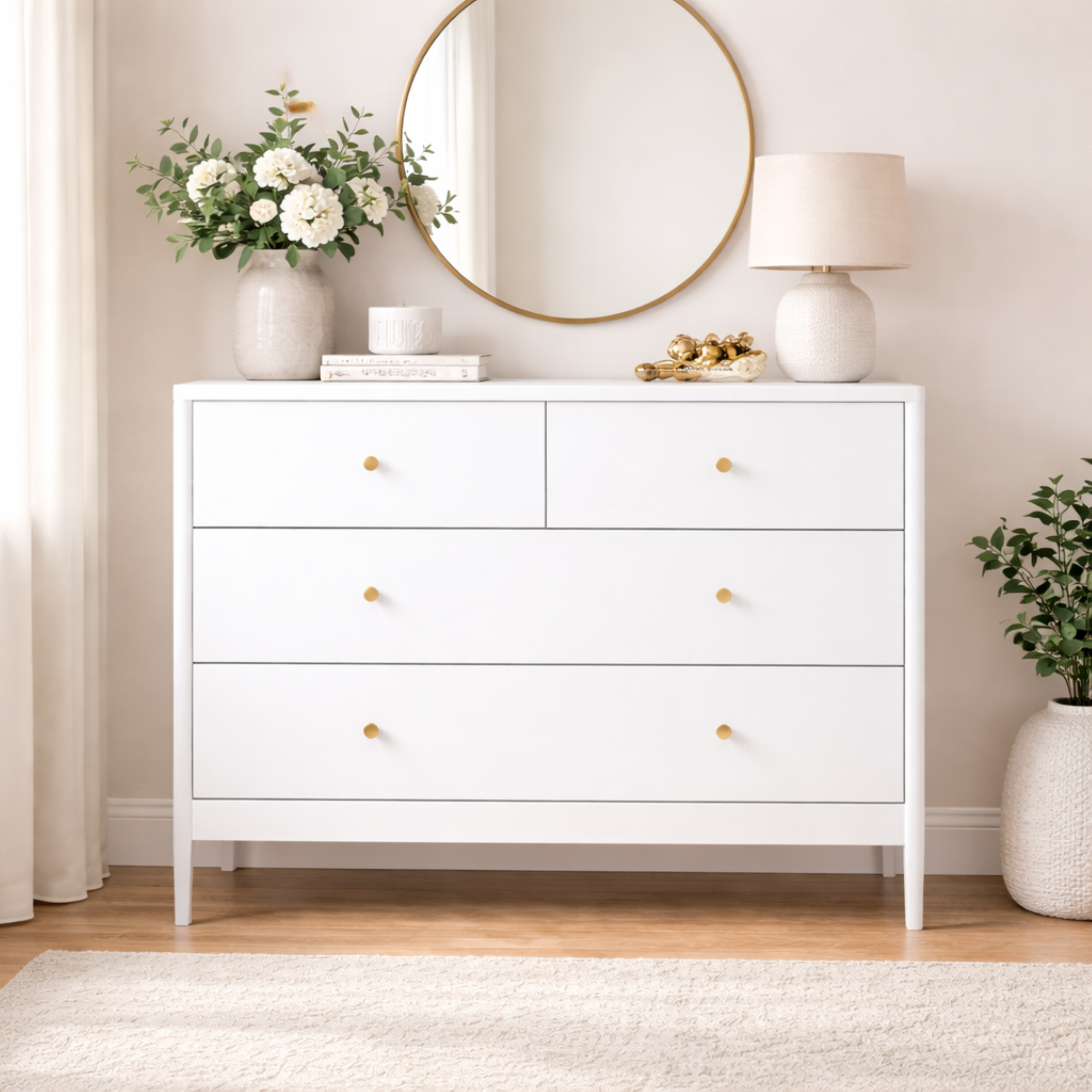 White 4-Drawer Kids Dresser, Wooden Storage Cabinet For Toddler Bedroom, Nursery, Closet, Baby Nightstand Organizer For Living Room Or Apartment, 35.4  Wide