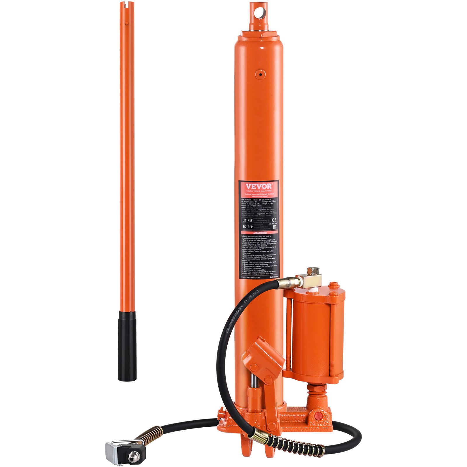 Hydraulic Long Ram Jack, 8 Ton Engine Hoist Cylinder With Air Pump And Single Piston Pump, Hydraulic Ram Cylinder Clevis Base For Engine Lift Hoists, Garage/Shop Cranes, Mechanical, Farm