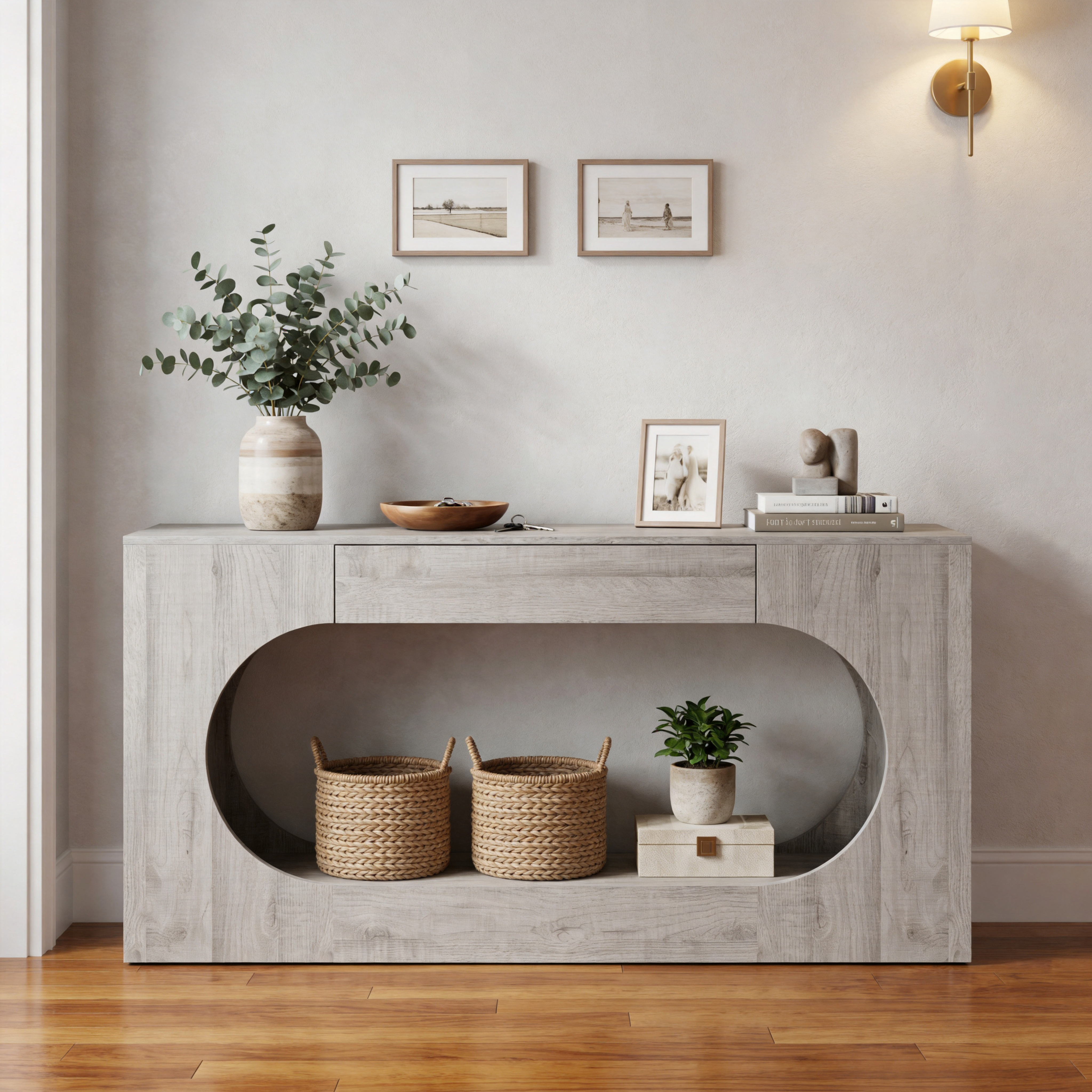 Mesa consola moderna gris con grano de madera, aglomerado, con cajón de almacenamiento