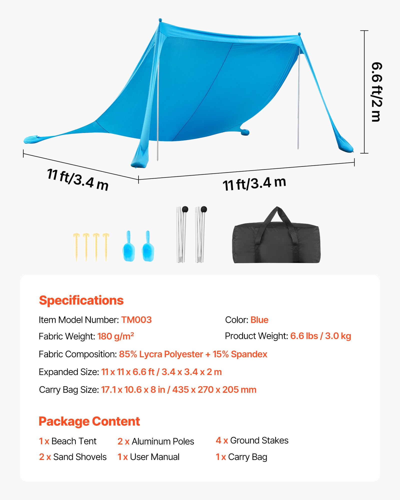 Carpa de playa con protección solar UPF50+, 2 metros de alto, 3.35x3.35 metros.