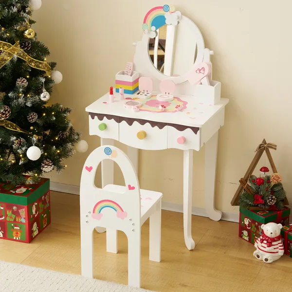 Kids Vanity Table And Chair Set With 7pcs Pretend Play Makeup Toys, Girls Vanity With Mirror & Stool, 3 Drawers & Tabletop Storage, Princess Table For Toddlers, White