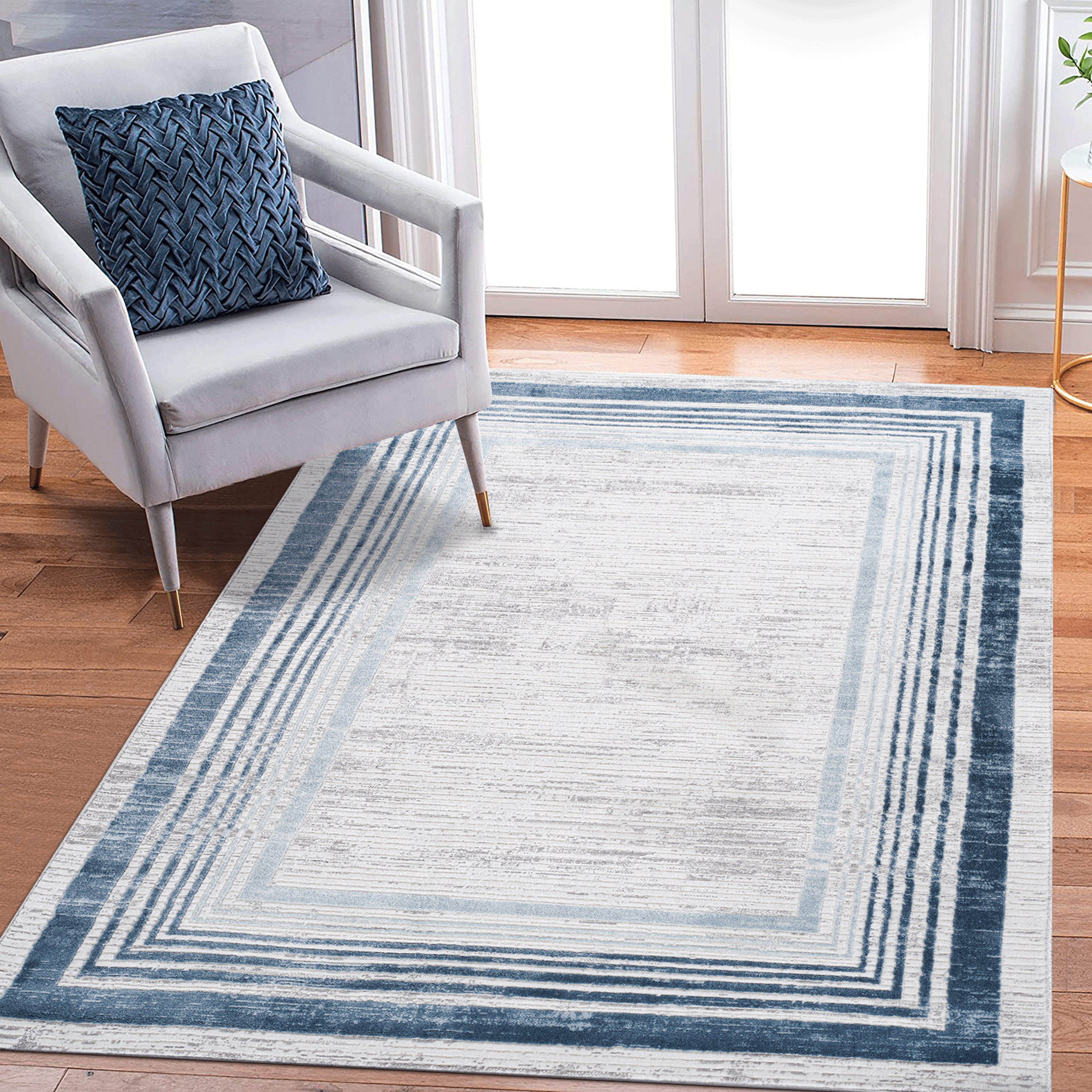 MARFI 5X7 Blue  Ivory  Bordered Area Rug