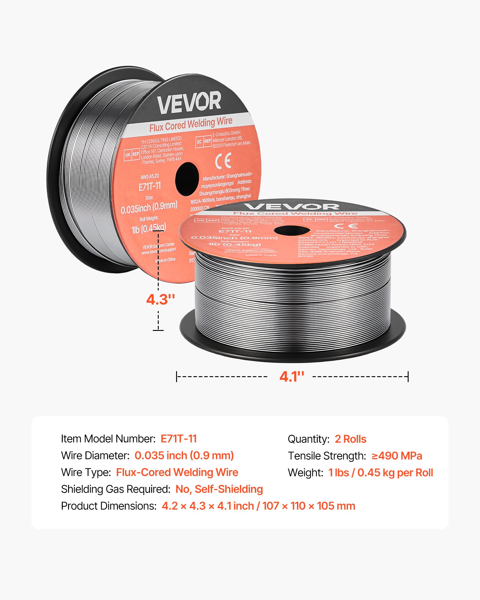 Flux Core MIG Welding Wire, E71T-11 0.035-inch 1 LBS, Gasless Mild Steel Welding Wire With Low Spatter For All Position Arc Welding, Self-Shielded For Outdoor Use (Pack Of 2 Rolls)