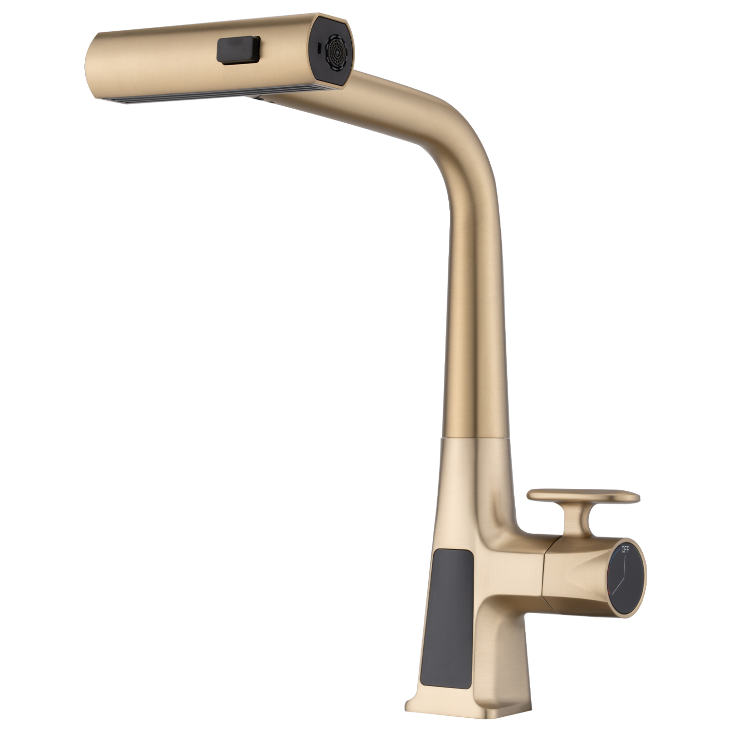 Brushed Gold Waterfall Kitchen Faucet With Temperature Display, Single Handle Kitchen Faucet With Pull Down Sprayer, Modern Kitchen Sink Faucet, Three Water Outlet Modes