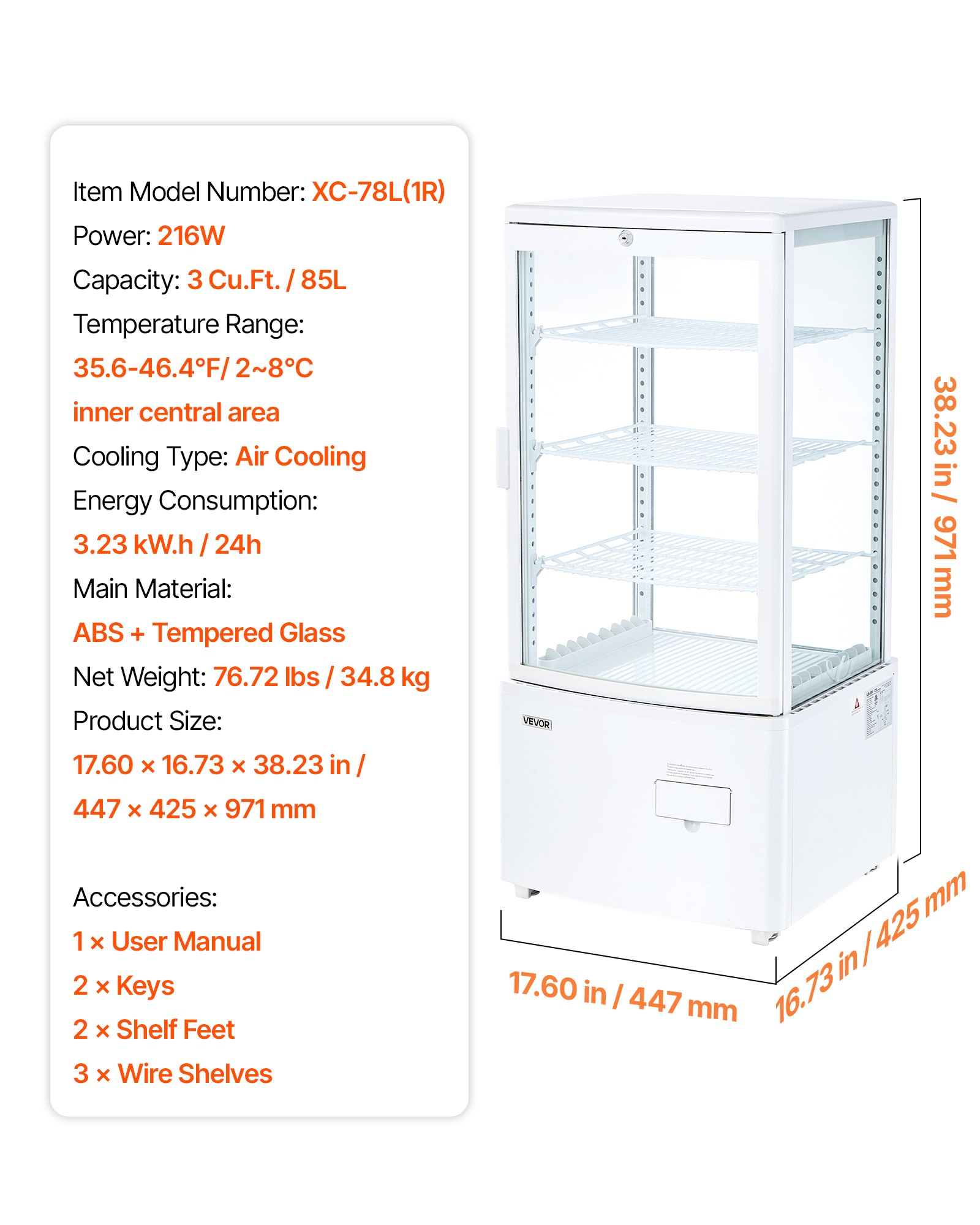 Vitrina refrigerada de mostrador 3 pies cúbicos/85L, 3 niveles, LED, TURBO Cooling.