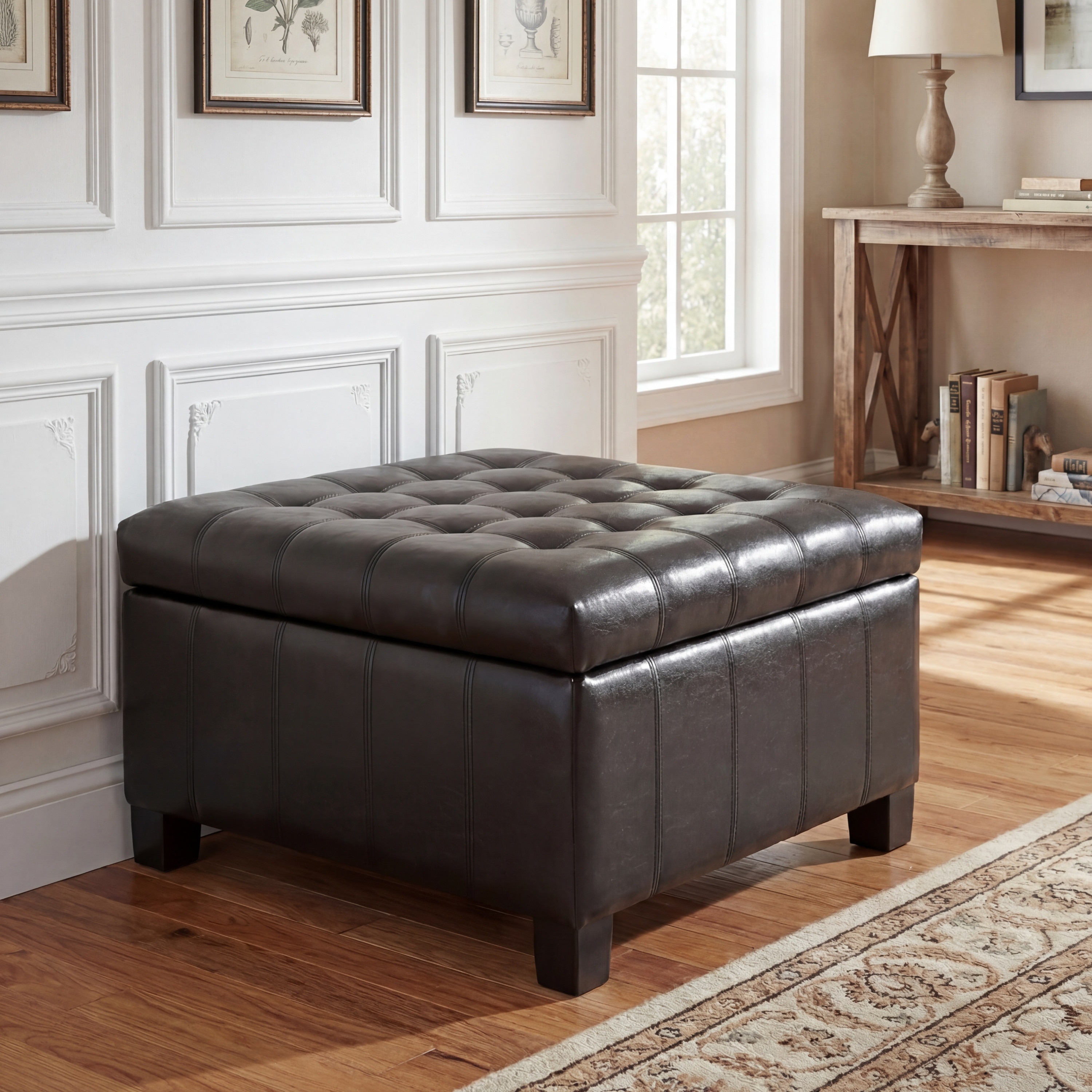Otomana de almacenamiento PU negra, cuadrada 30.25, capitoné, patas de madera de caucho