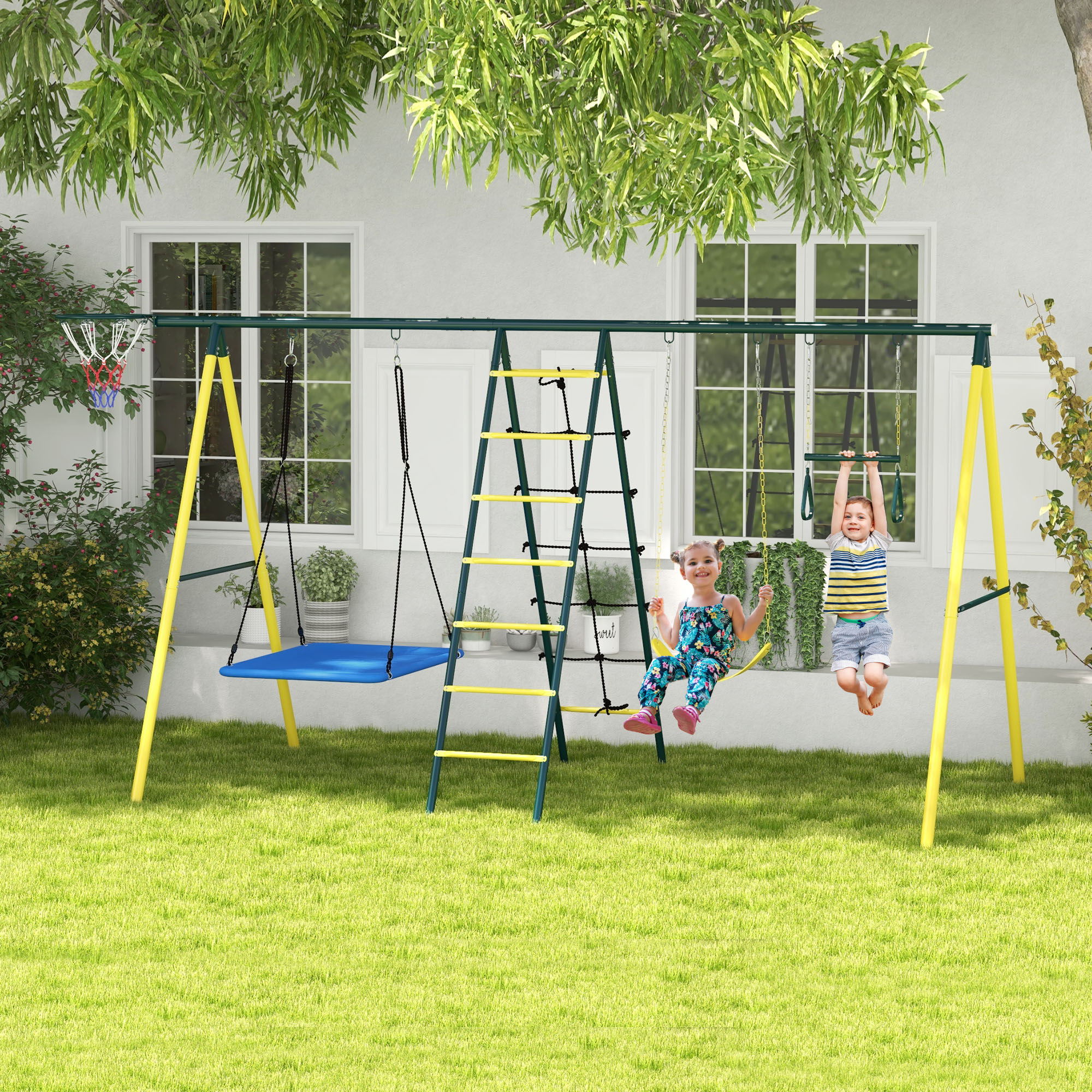 Metal Swing Set for Backyard 5 in 1 Design Holds up to 440 lbs. for Ages 3-8, Yellow