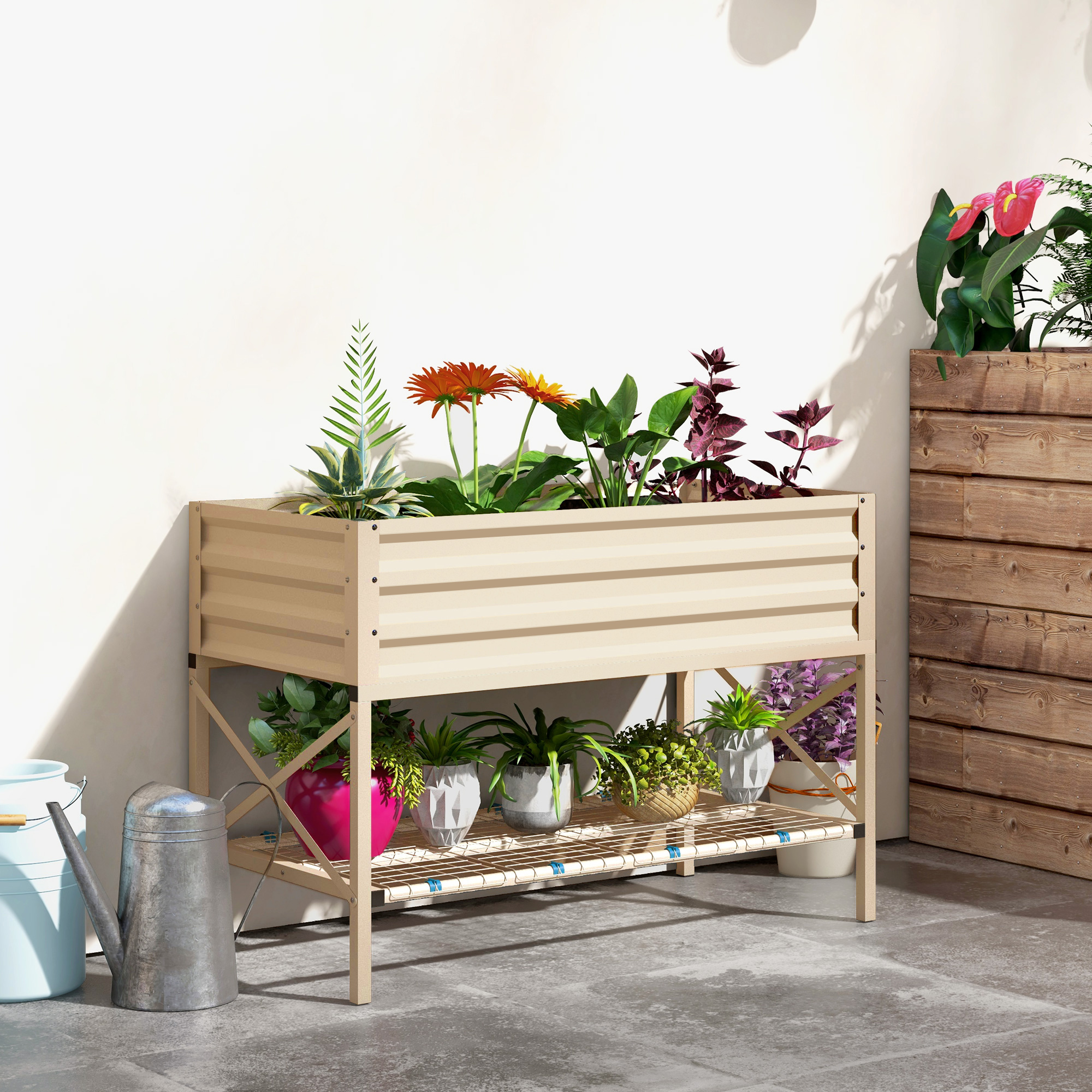 Cama de jardín elevada galvanizada, con patas, estante y forro, color crema