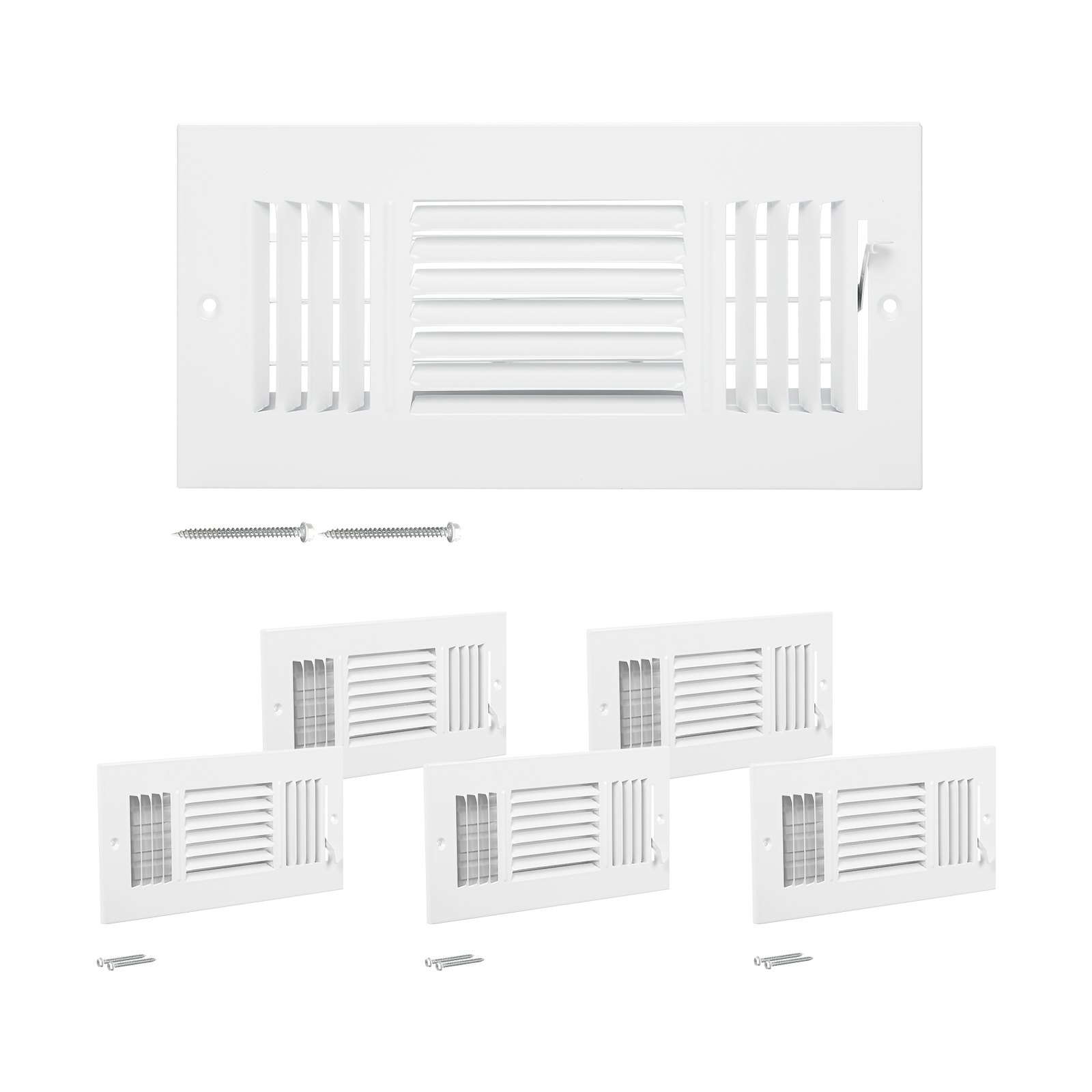 Rejillas de piso 4 x 10 pulgadas, paquete de 6, hierro, deflector ajustable, blanco