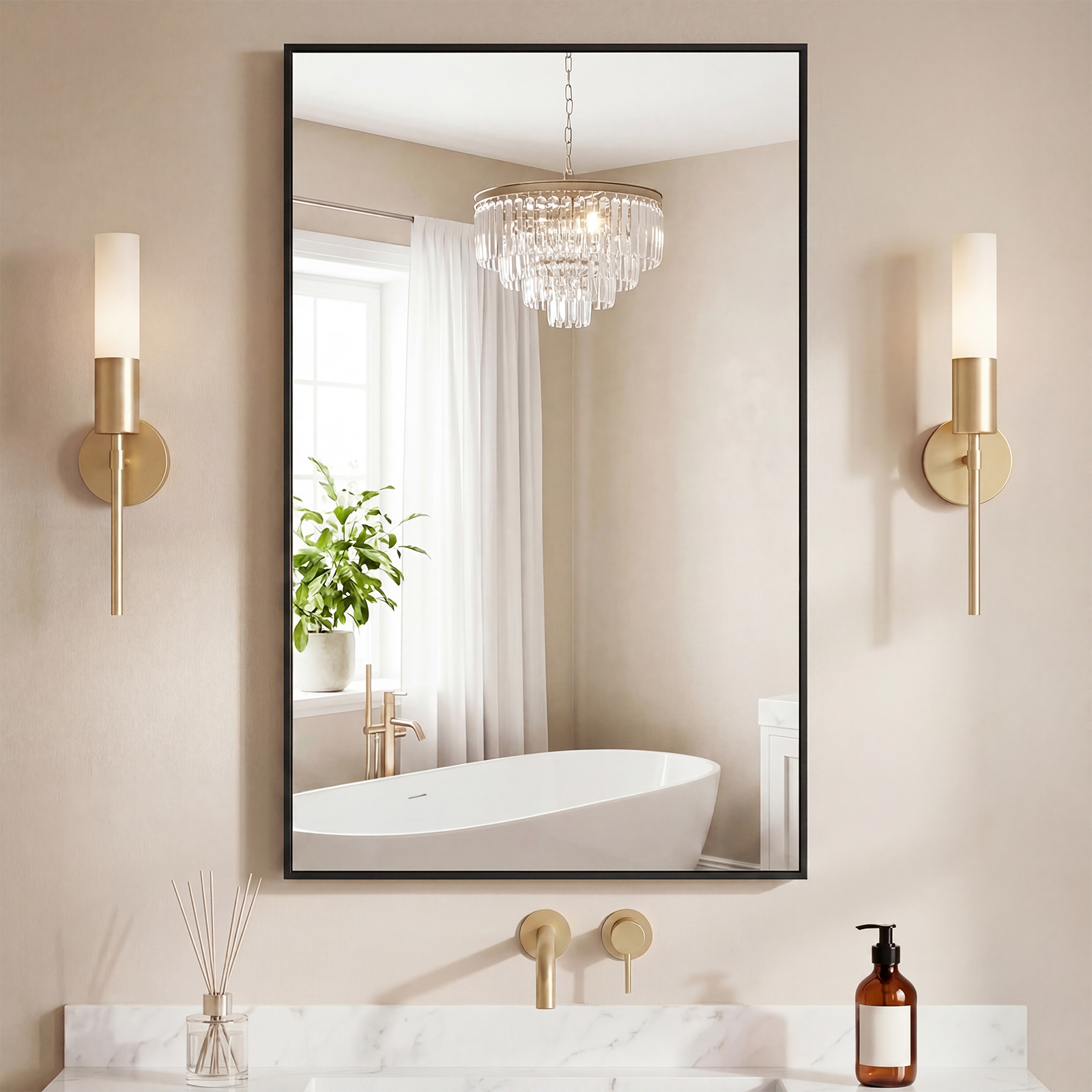Espejo para baño rectangular con marco de aluminio cepillado y esquinas cuadradas
