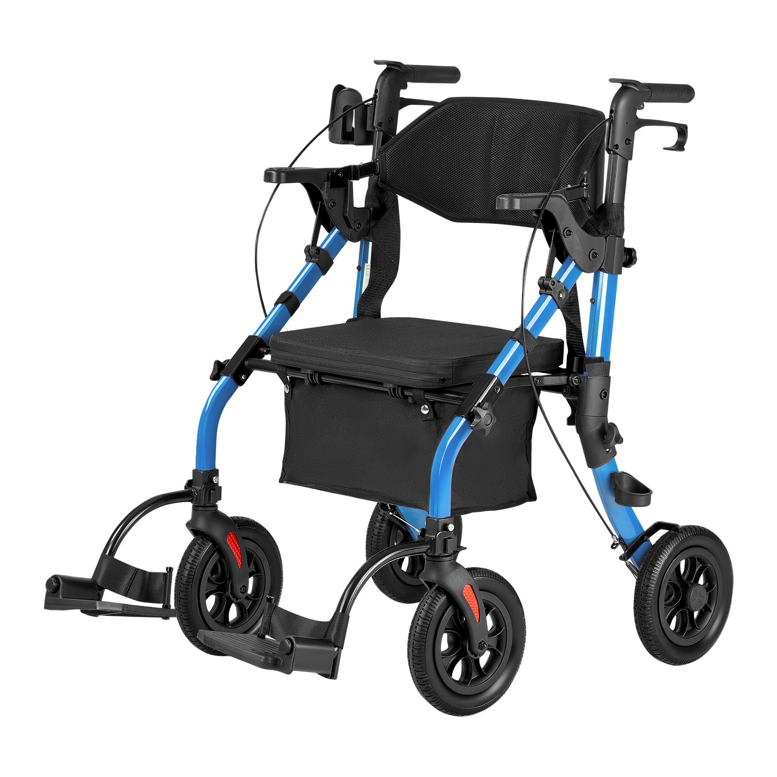 2-in-1 Rollator Walker & Transport Chair For Seniors, Foldable Rolling Walker Wheelchair, Lightweight Aluminum Mobility Walking Aid With Solid PU Wheels, Cup & Cane Holder - Supports 300LBS