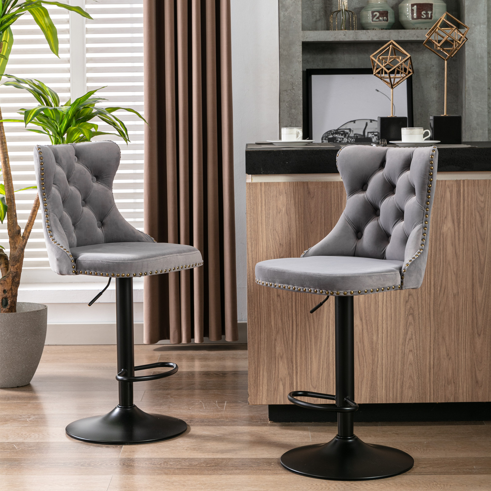 Swivel Velvet Barstools Adjusatble Seat Height From 25-33 Inch,17.7 Inch Base, Modern Upholstered Bar Stools With Backs Comfortable Tufted For Home Pub And Kitchen Island,Gray,Set Of 2,AS1812GY