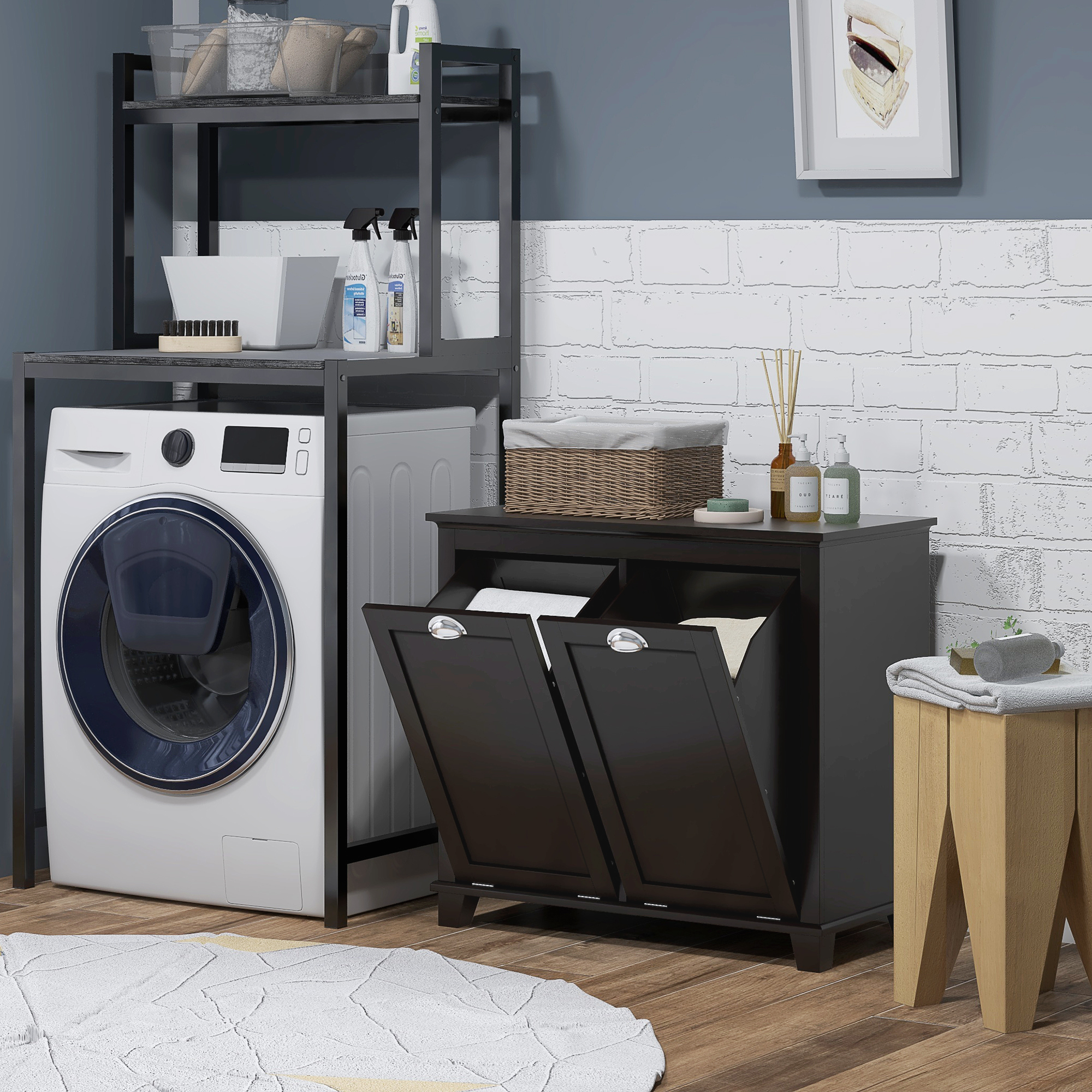 Gabinete de baño con cesto de ropa inclinable y 2 compartimentos - Negro