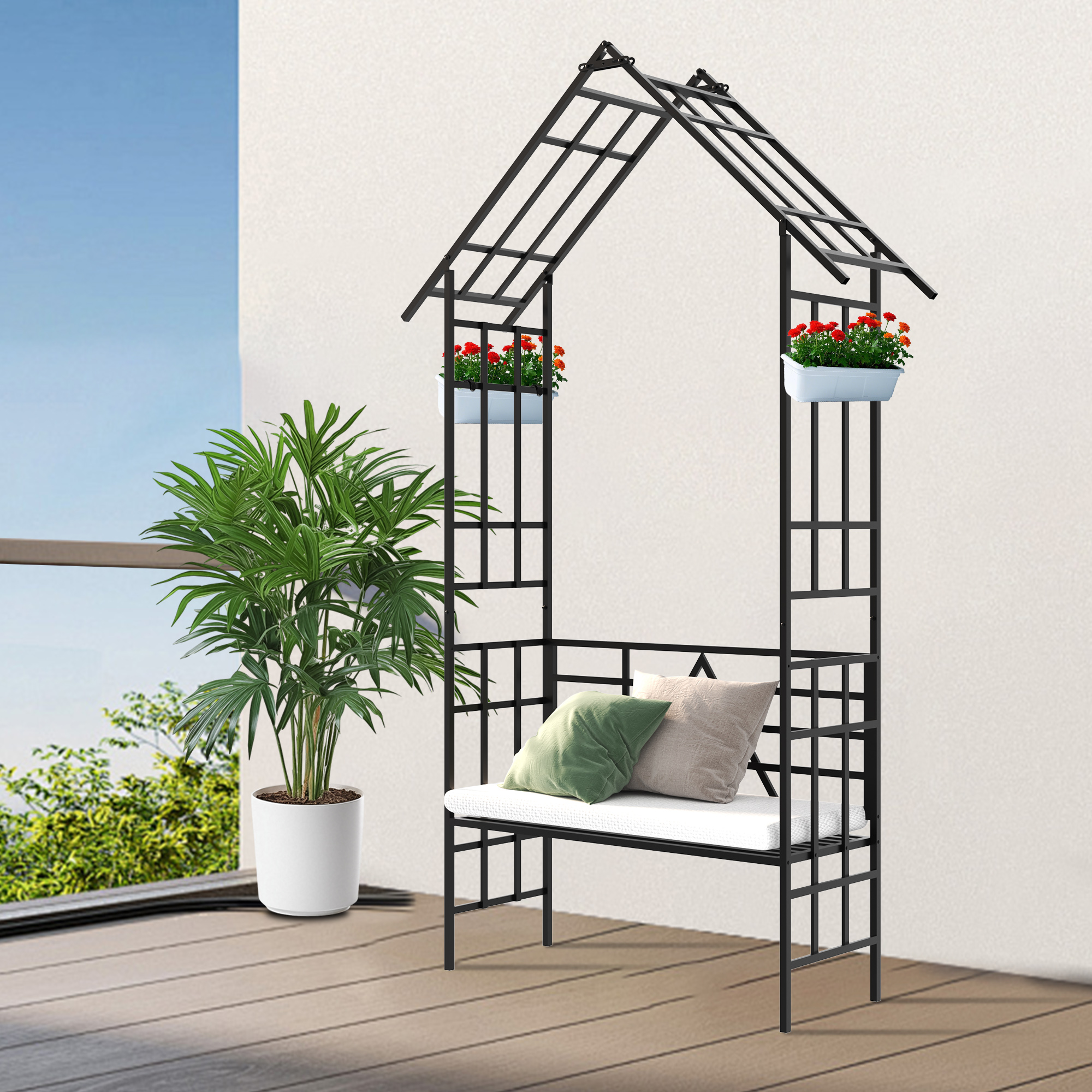 Arco de jardín metálico negro con banco, soporte para plantas trepadoras y rosales