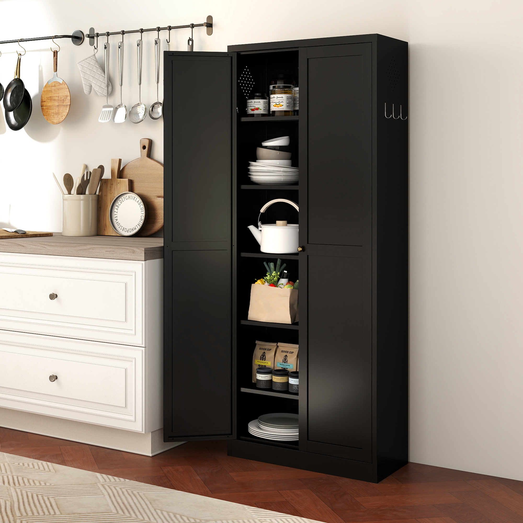 72  Black Metal Kitchen Pantry Cabinet With Doors, Heavy-Duty Freestanding Storage Organizer With 5 Adjustable Shelves, Tool-Free Assembly For Pantry, Kitchen, Bathroom