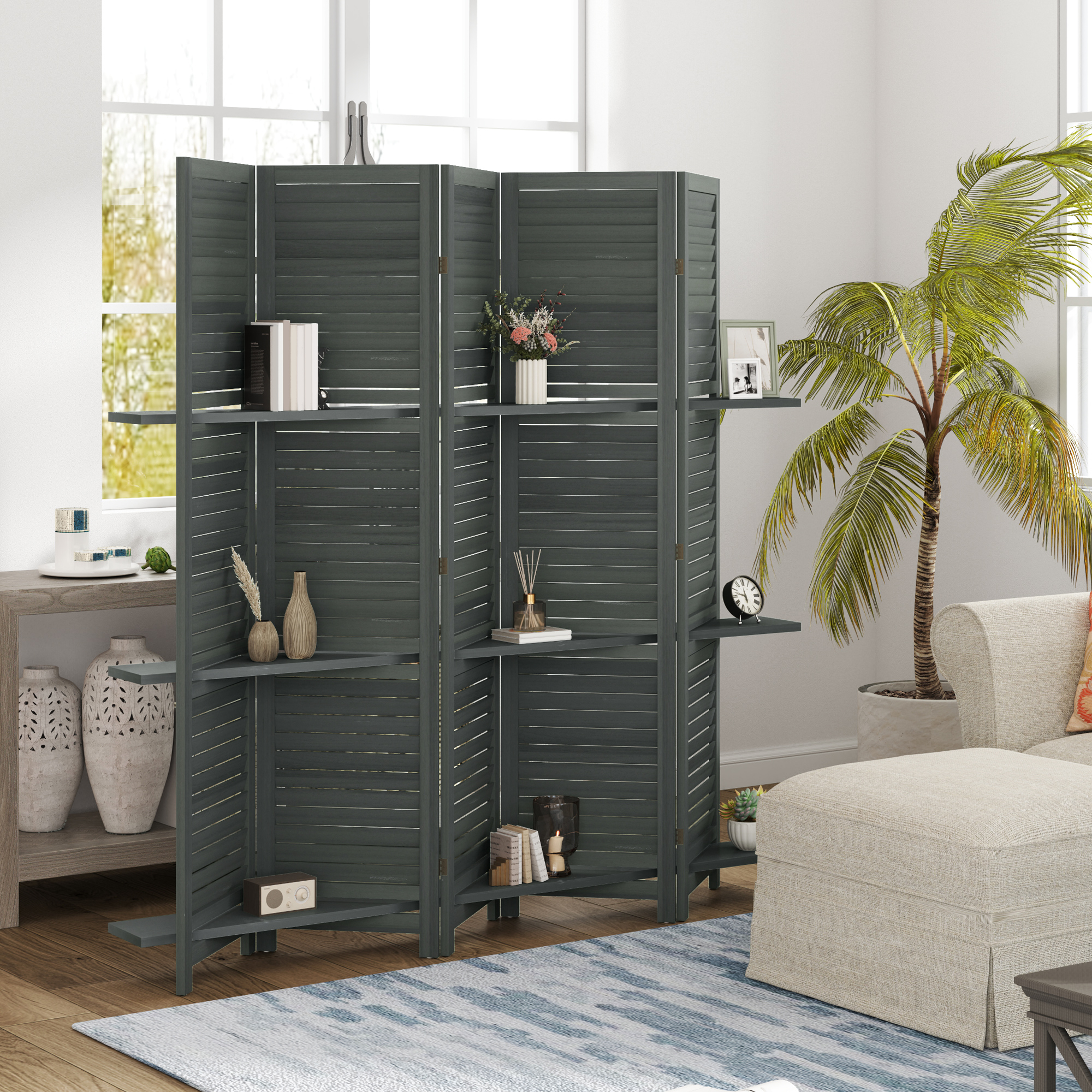 Biombo divisor de ambientes de madera, 5 paneles, 67 pulgadas de alto, 3 estantes, gris