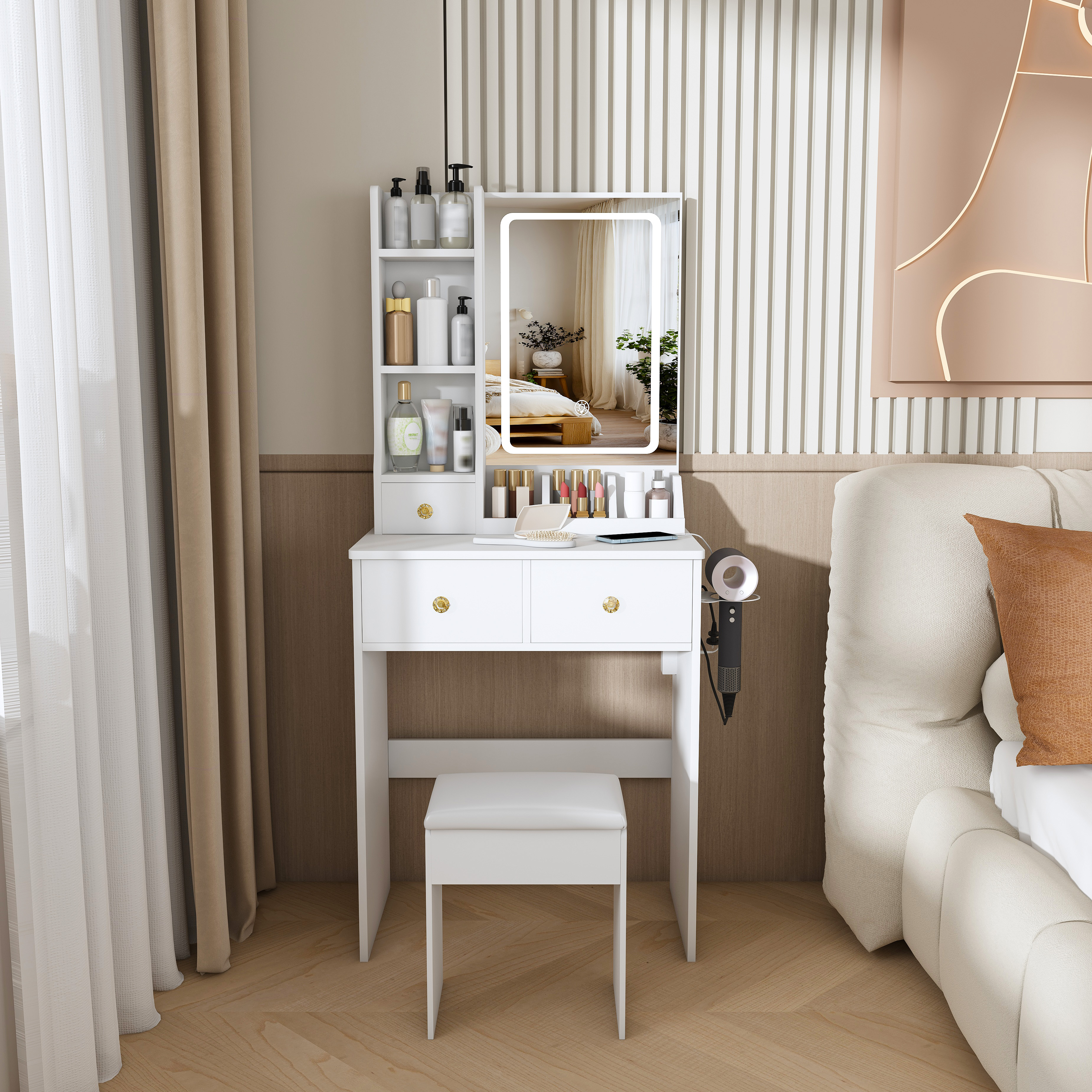 Tocador moderno pequeño con luz LED, 3 cajones, estantes y silla, blanco