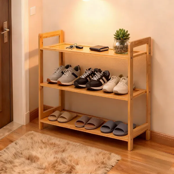 Zapatero de bambú plano de 3 capas, 68 x 25 x 51.5 cm, color madera natural