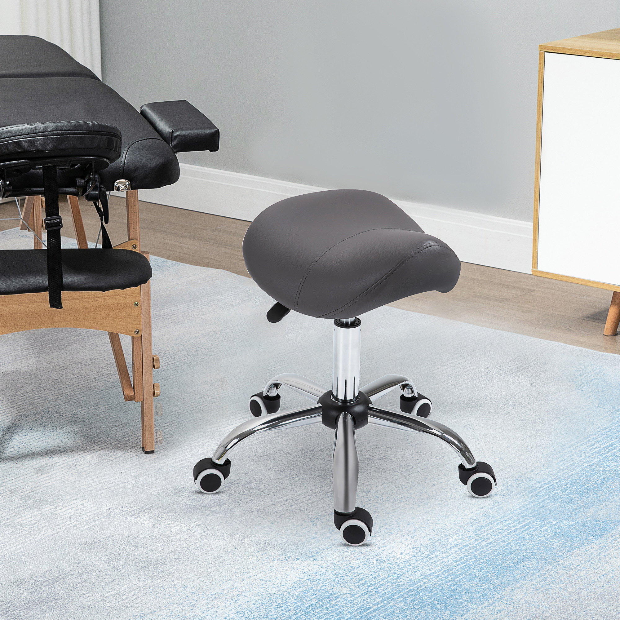 Taburete ergonómico con ruedas, piel sintética, hidráulico, ajustable, giratorio, gris