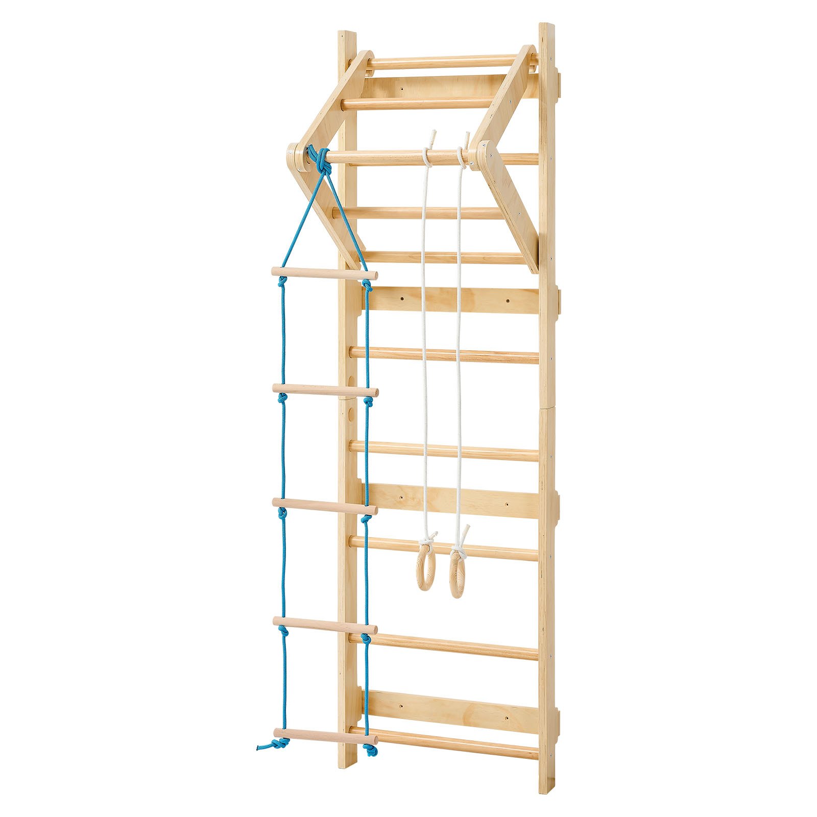 Swedish Ladder Wall Gym, 4-in-1 8-Level Indoor Jungle Gym, 220LBS Loading Solid Wood Gymnastic Stall Bars, Indoor Playground Climbing Playset With Gym Rings, Pull-Up Bar, Rope Ladder, Wall Ladder