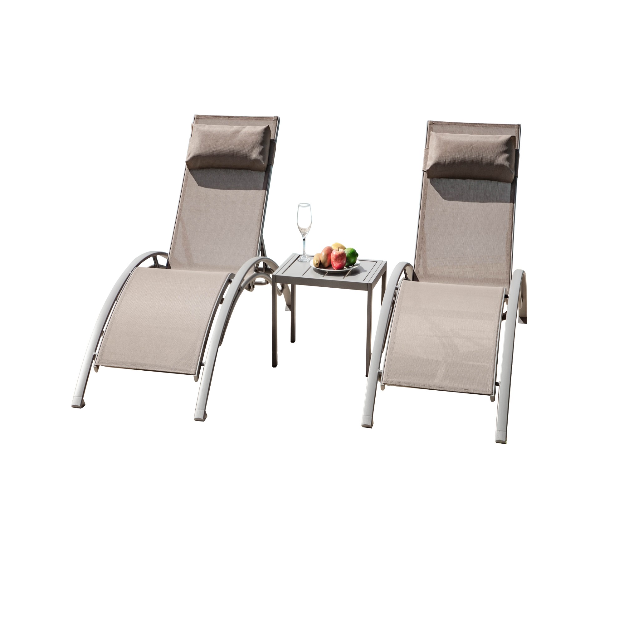 Set de 2 tumbonas ajustables de aluminio para piscina con mesa auxiliar de metal, caqui.