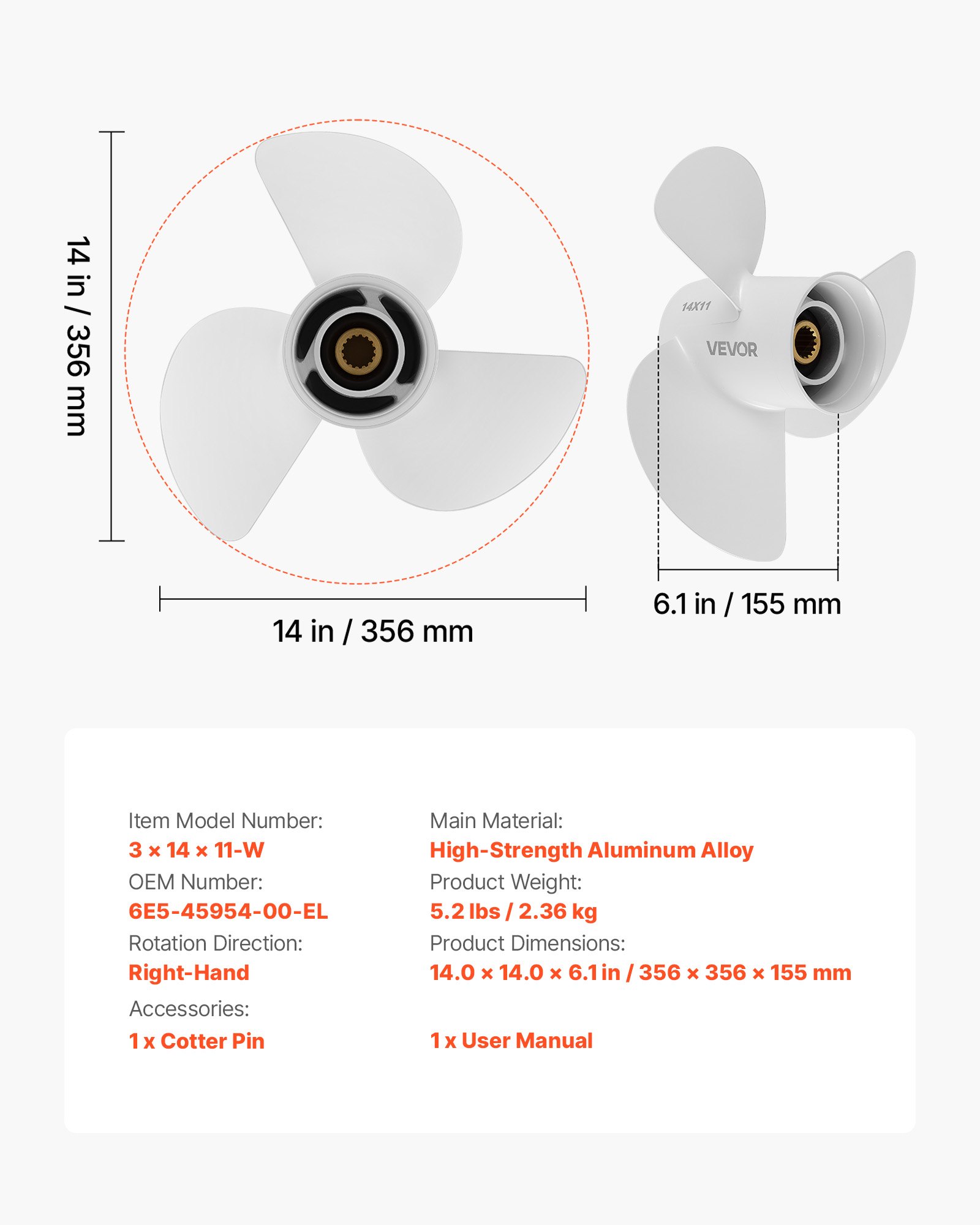 Outboard Propeller, Upgrade OEM 15 Spline Tooth Aluminum Outboard Boat Propeller Fit Yamaha Engines 50-130 HP, 4-1/4" Gearcase, 3-Blade, RH (Right Hand Rotation), OEM Parts No. 6E5-45954-00-EL