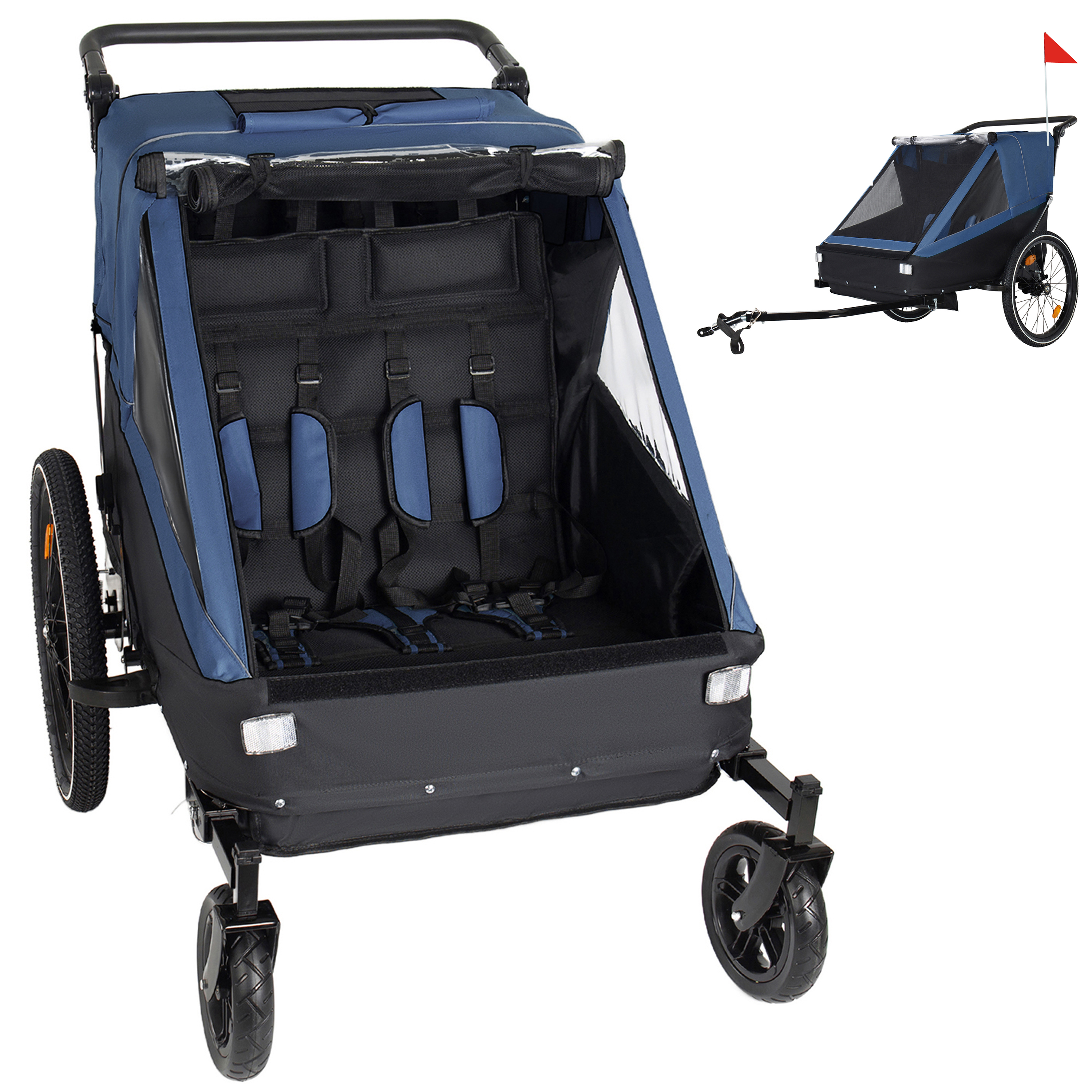 Remolque y cochecito 2 en 1 para niños, plegable, función jogging, azul oscuro