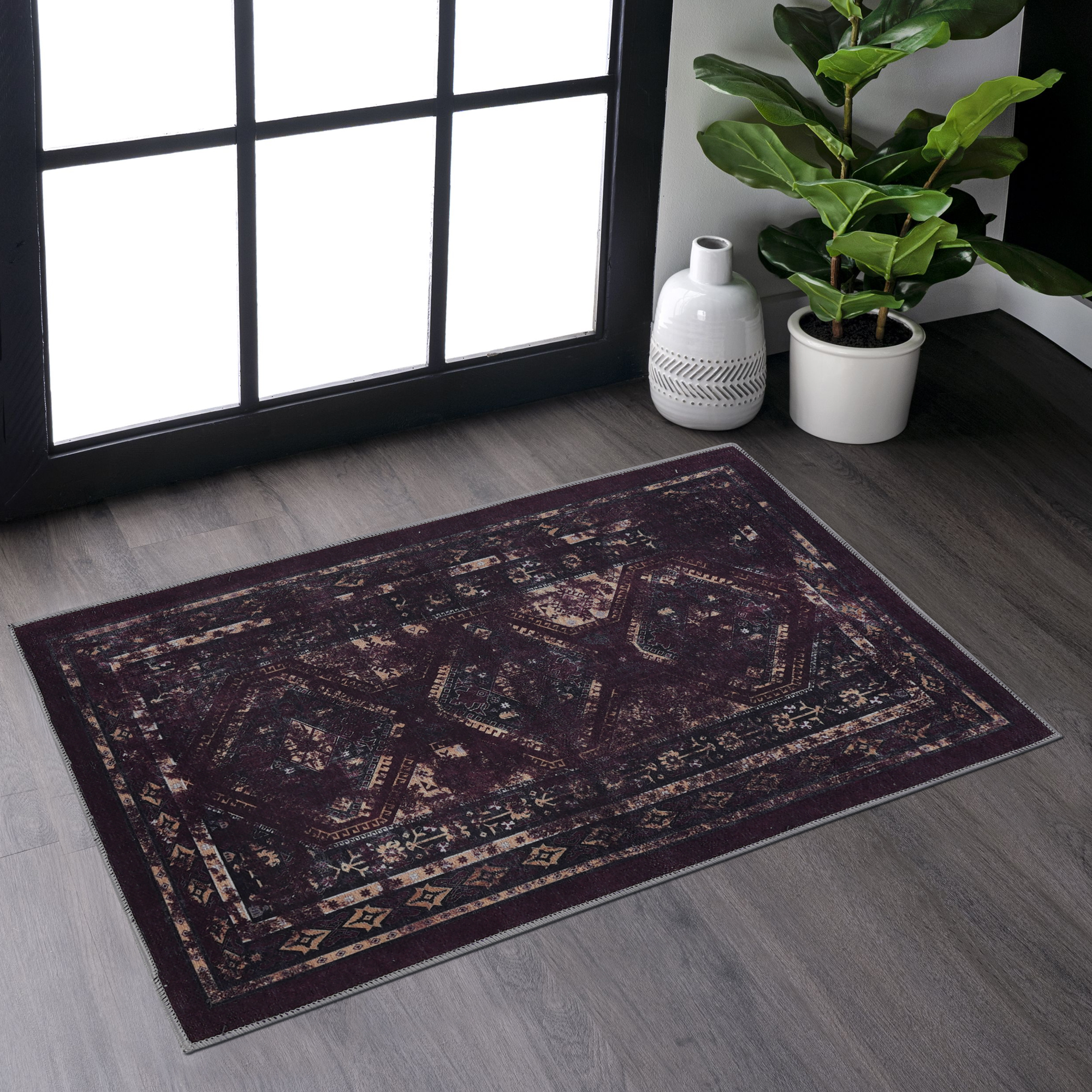 MAVAL Black Washable Rug 2' X 3' Doormat Rug  Black Burgundy, 2' X 3'