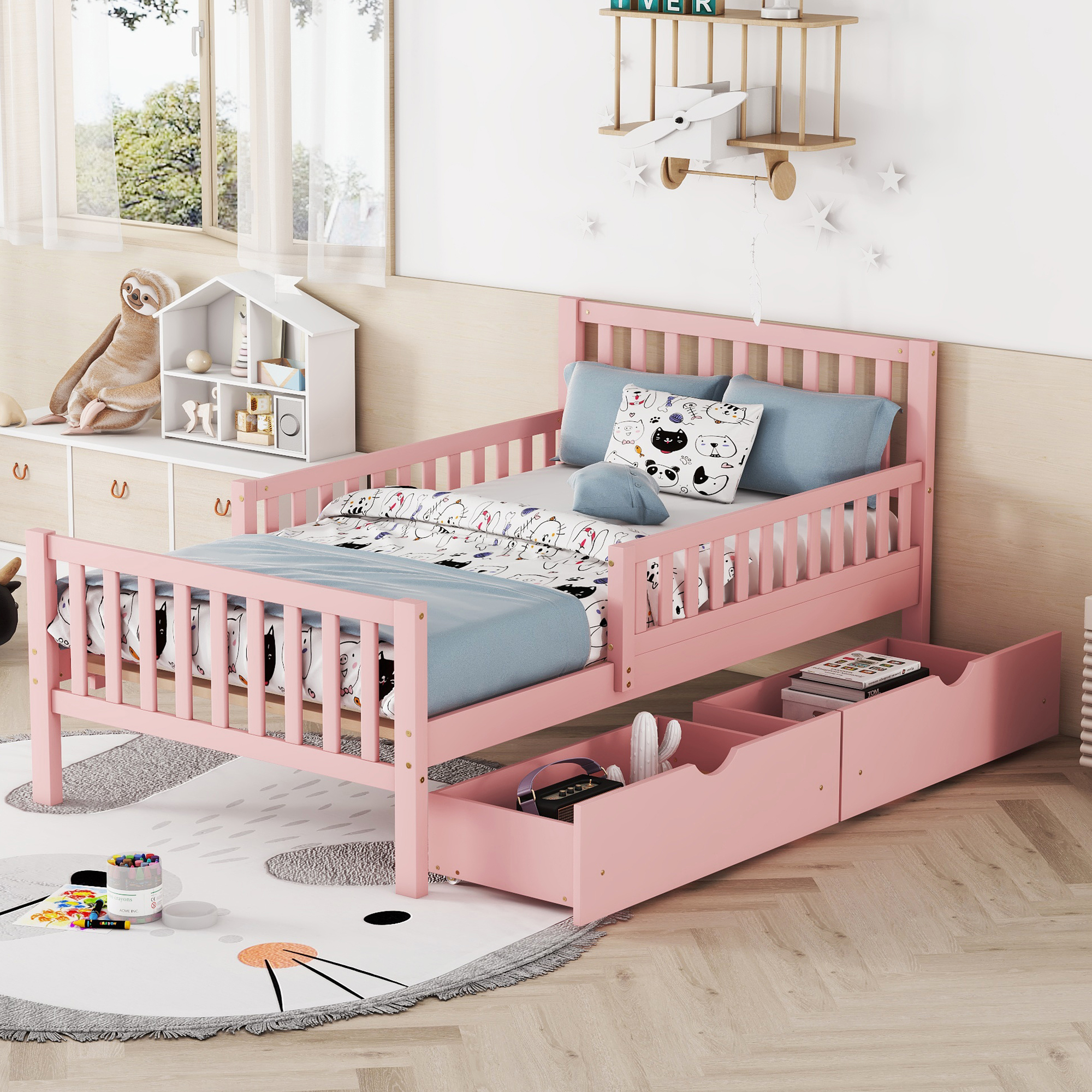 Twin Size Wood Platform Bed With Guardrails On Both Sides And Two Storage Drawers ,Pink