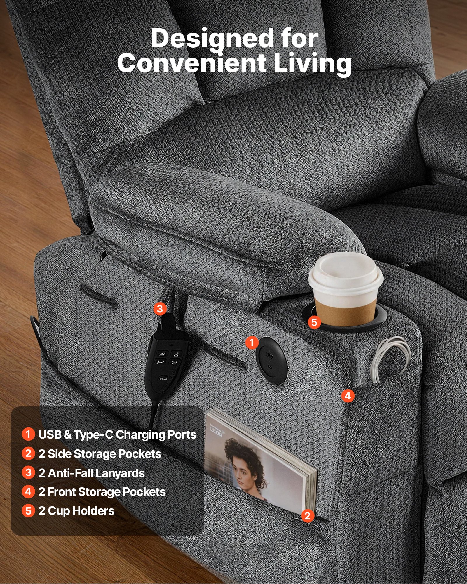 Silla reclinable eléctrica con elevación, doble motor, calor y masaje, terciopelo, gris oscuro