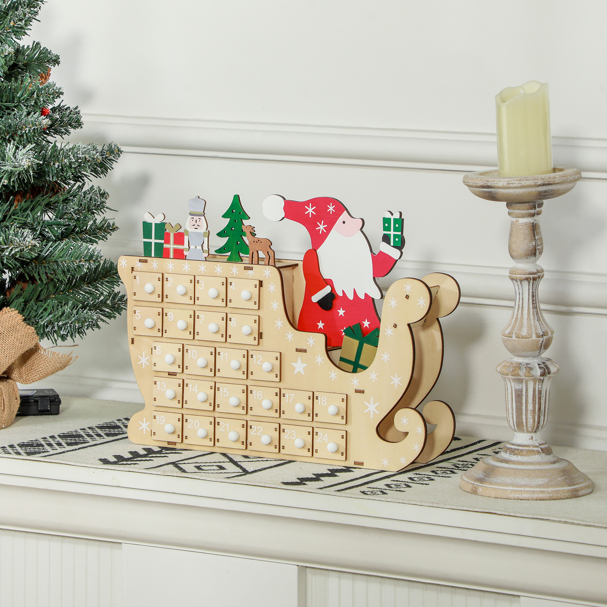 Calendario de Adviento de madera con 24 cajones, reutilizable, decoración navideña