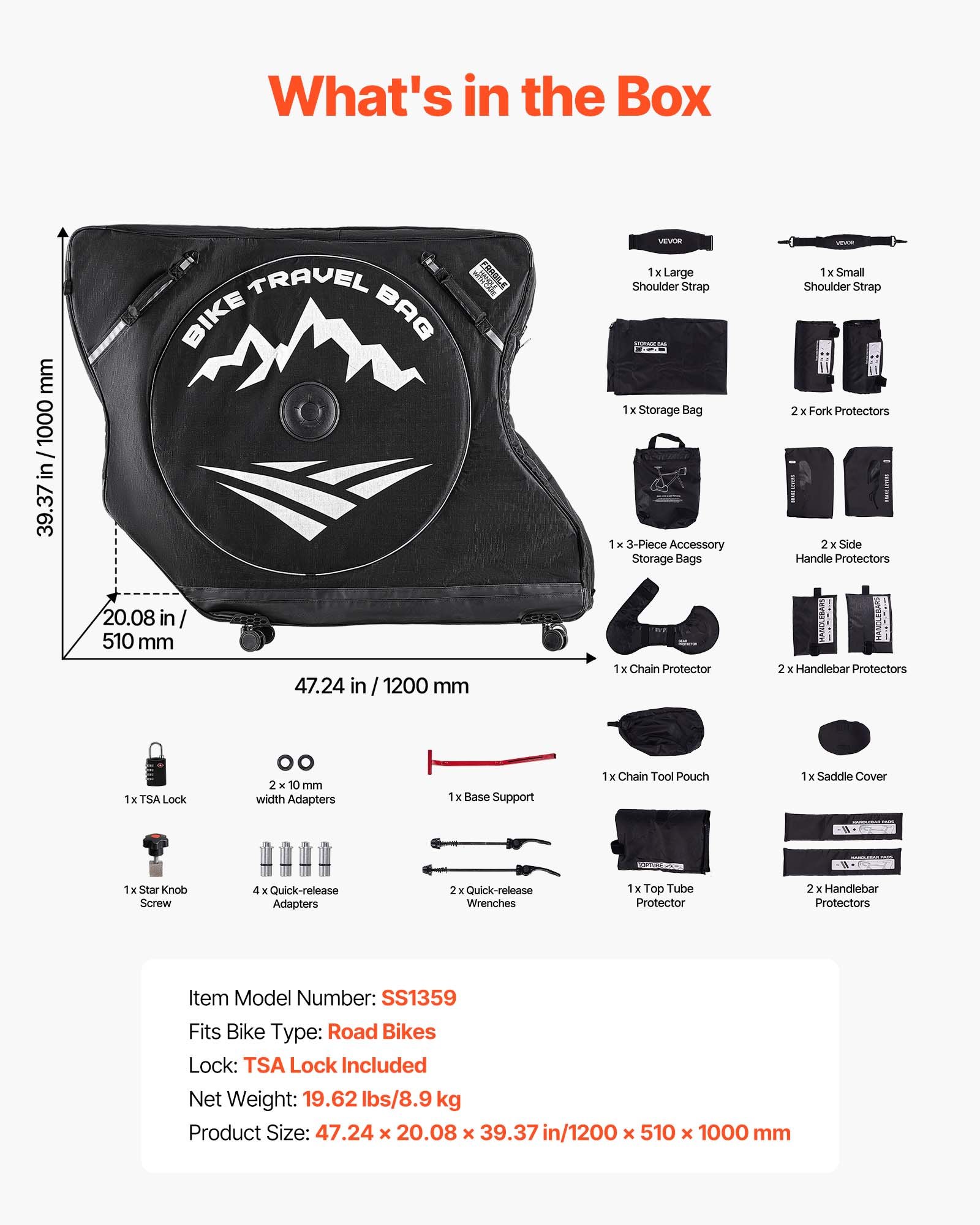 Bolsa de viaje para bicicleta de carretera, 37-42 pulgadas, candado TSA, negra