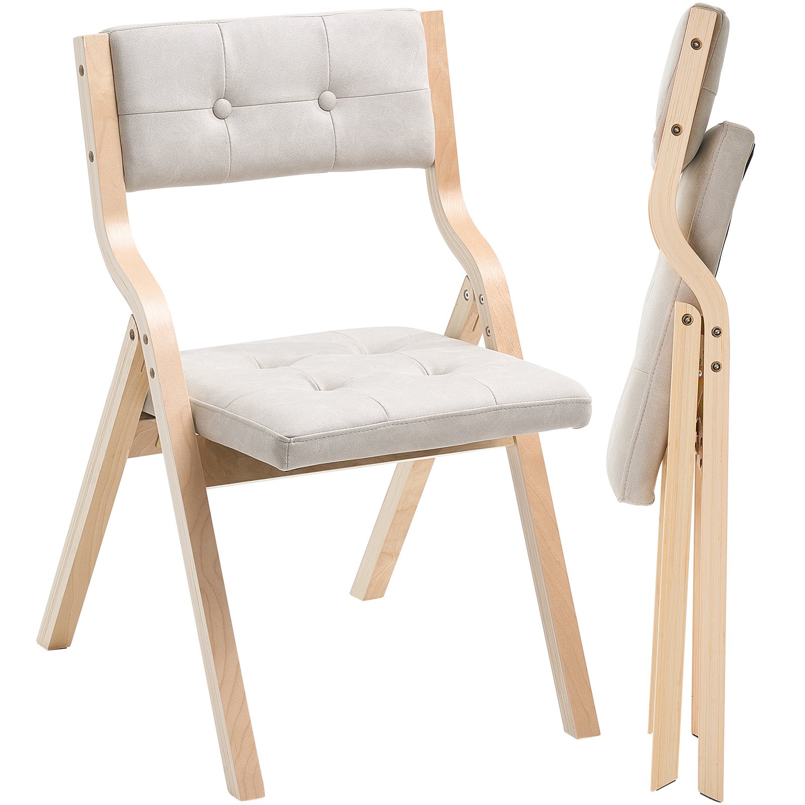Wooden Folding Chairs With Cushion, Set Of 2, Portable Foldable Cushion Chair With Wooden Frame, Modern Padded Dining Chair For Kitchen, Office, Wedding, Party, Dining Room, Easy Assembly, Beige