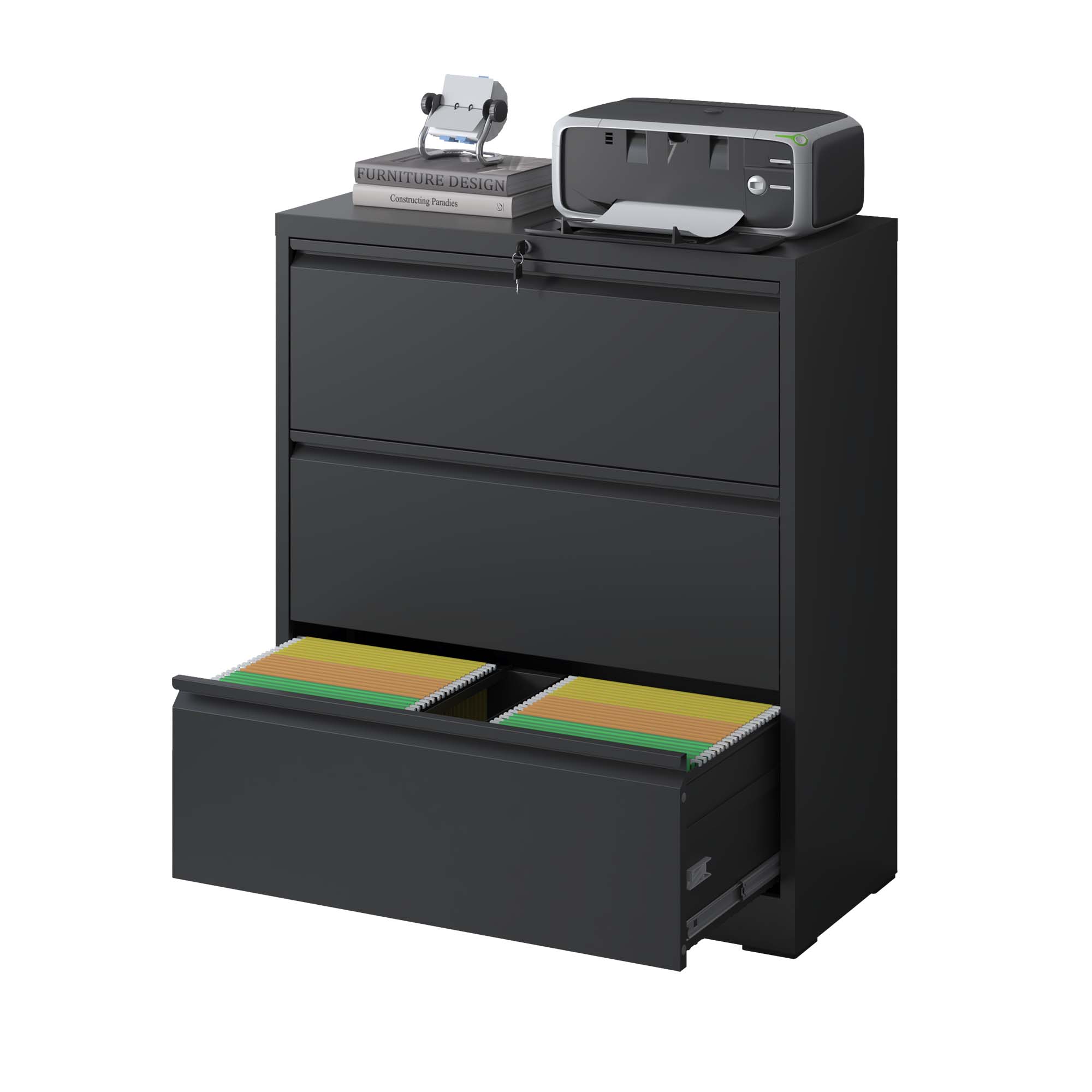 Lateral File Cabinet 3 Drawer, Black Filing Cabinet With Lock, Lockable File Cabinet For Home Office, Locking Metal File Cabinet For Legal Letter A4 F4 Size