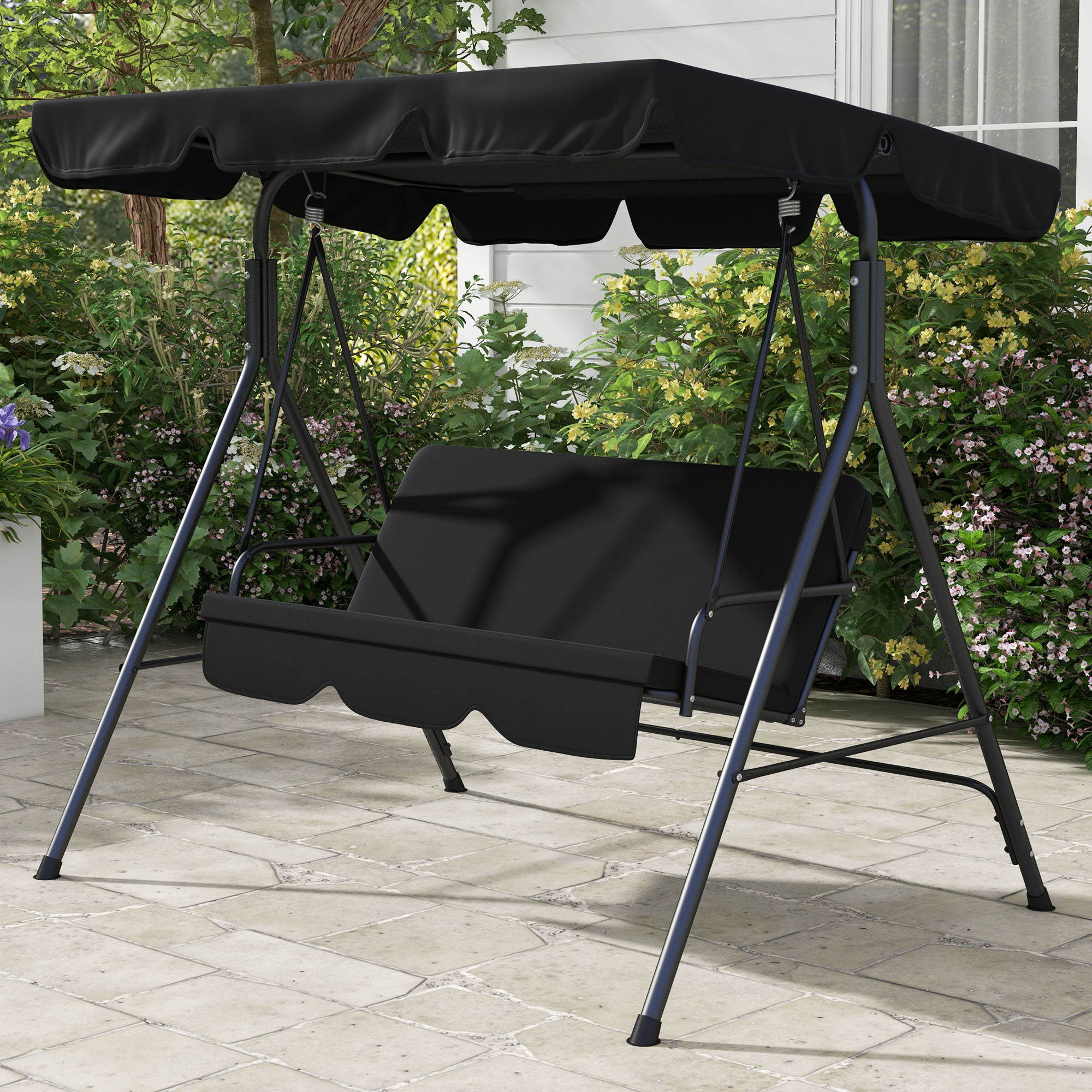 3-Seat Outdoor Patio Swing Chair w/ Cushion, Steel Frame Stand, Adjustable Tilt Canopy for Patio, Garden, Black 2