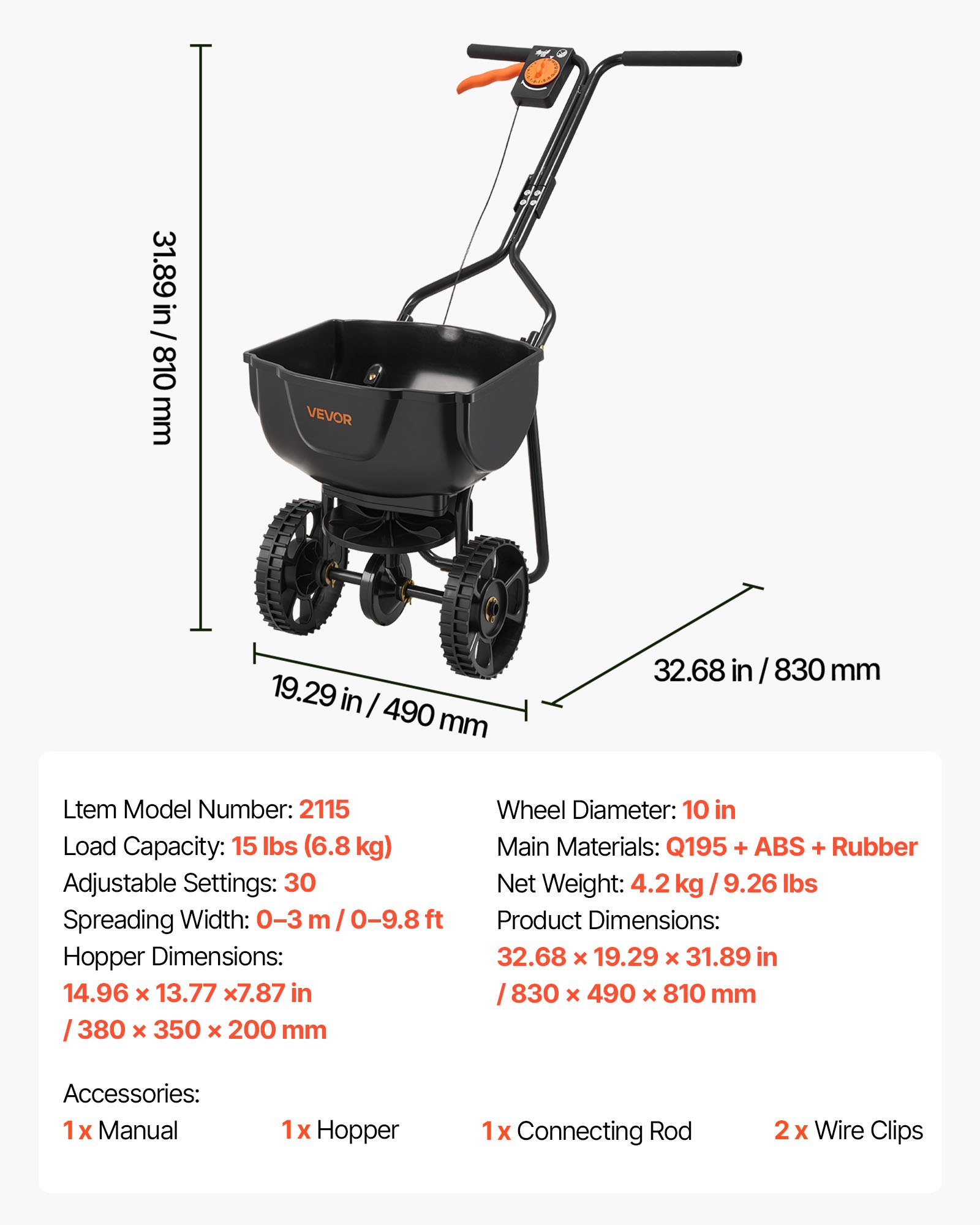 Walk-Behind Spreader, 9.8ft Spreading Width, Push Broadcast Spreader With 10" All-Terrain Tires, Adjustable Flow Control, 15lbs Capacity Hopper, Lawn Spreaders For Fertilizer Seed Small Home Use