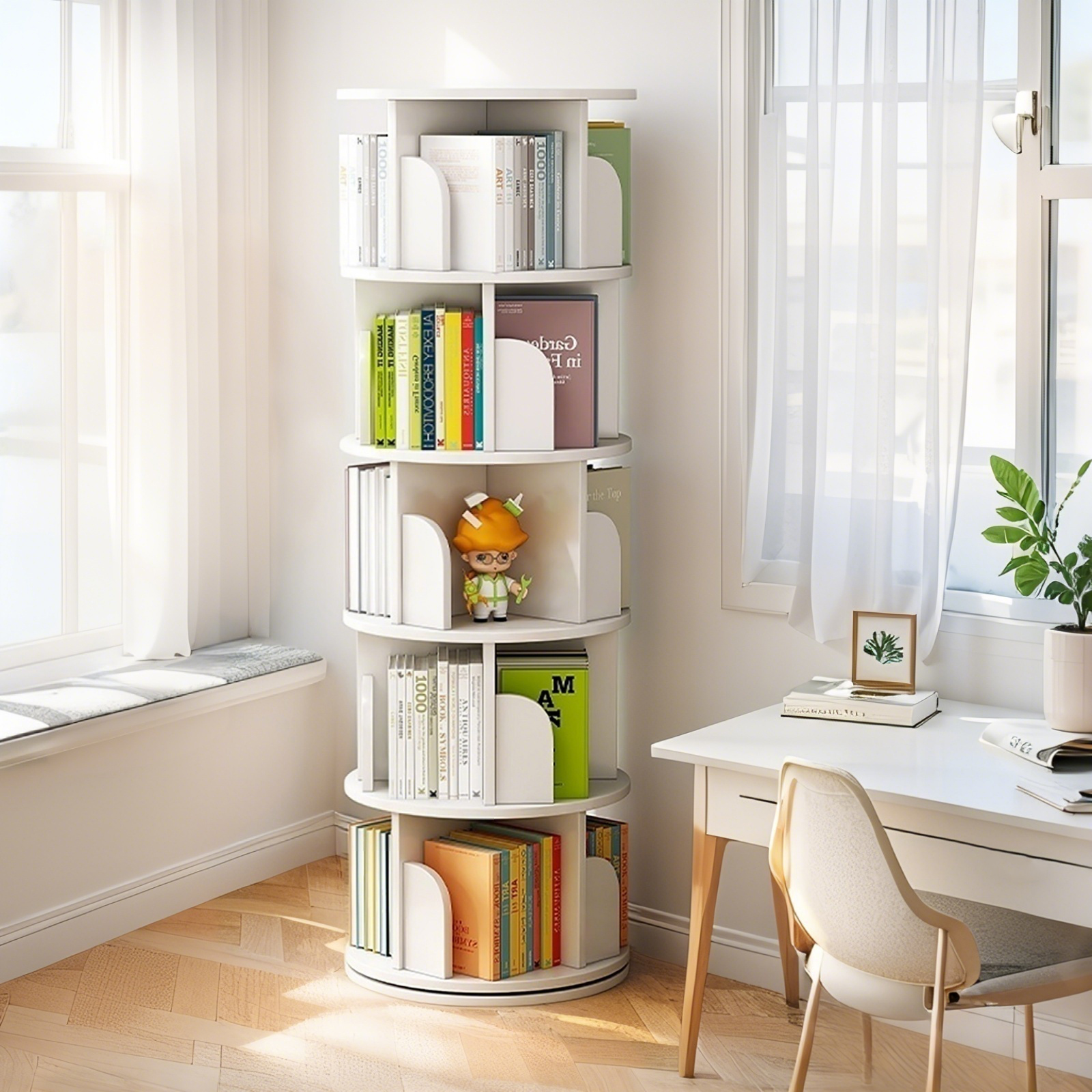 5 Tier Rotating Bookshelf,   Display Round Spinning Bookshelf, Space-Saving, Small Space Rotating Bookshelf Tower For Bedroom, Living Room, Home, Office, Warm White