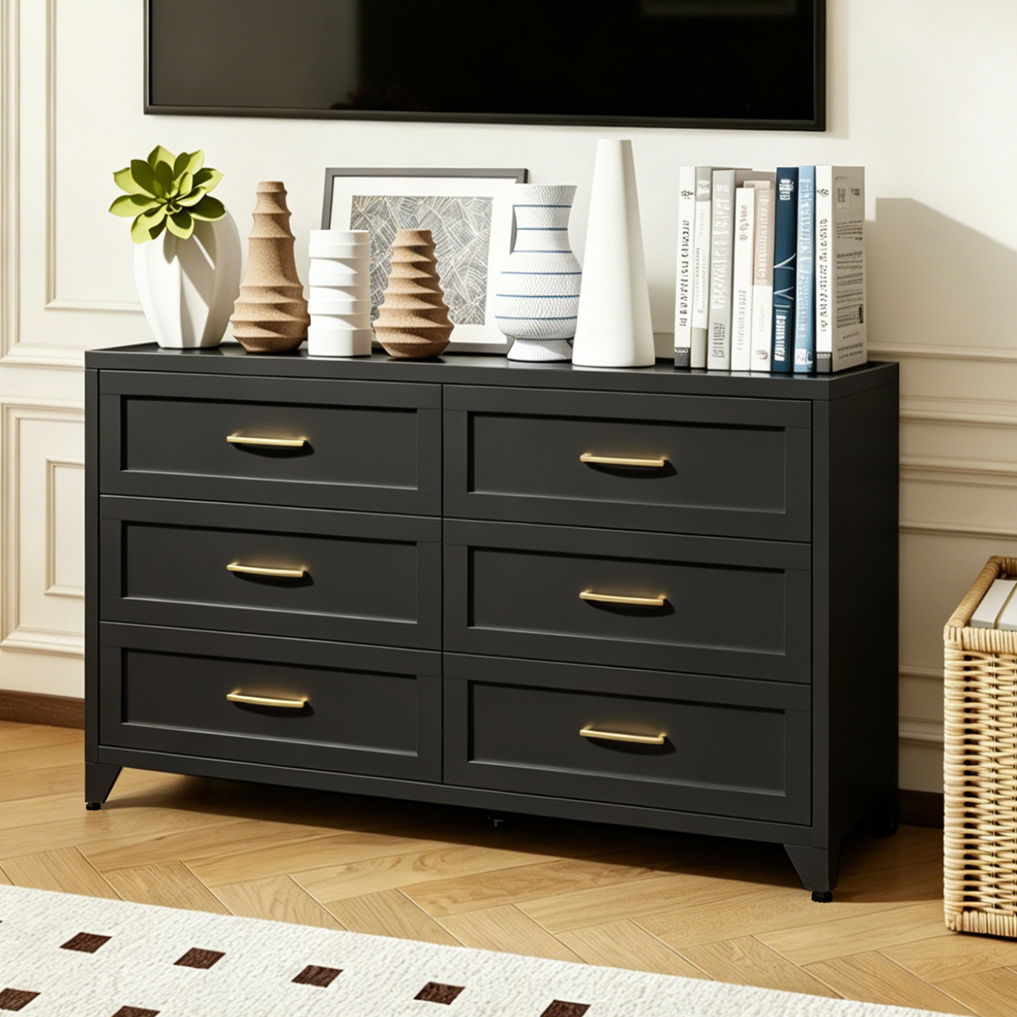 Cómoda de 6 cajones para dormitorio, moderna, de metal negro, con cajones de deslizamiento suave