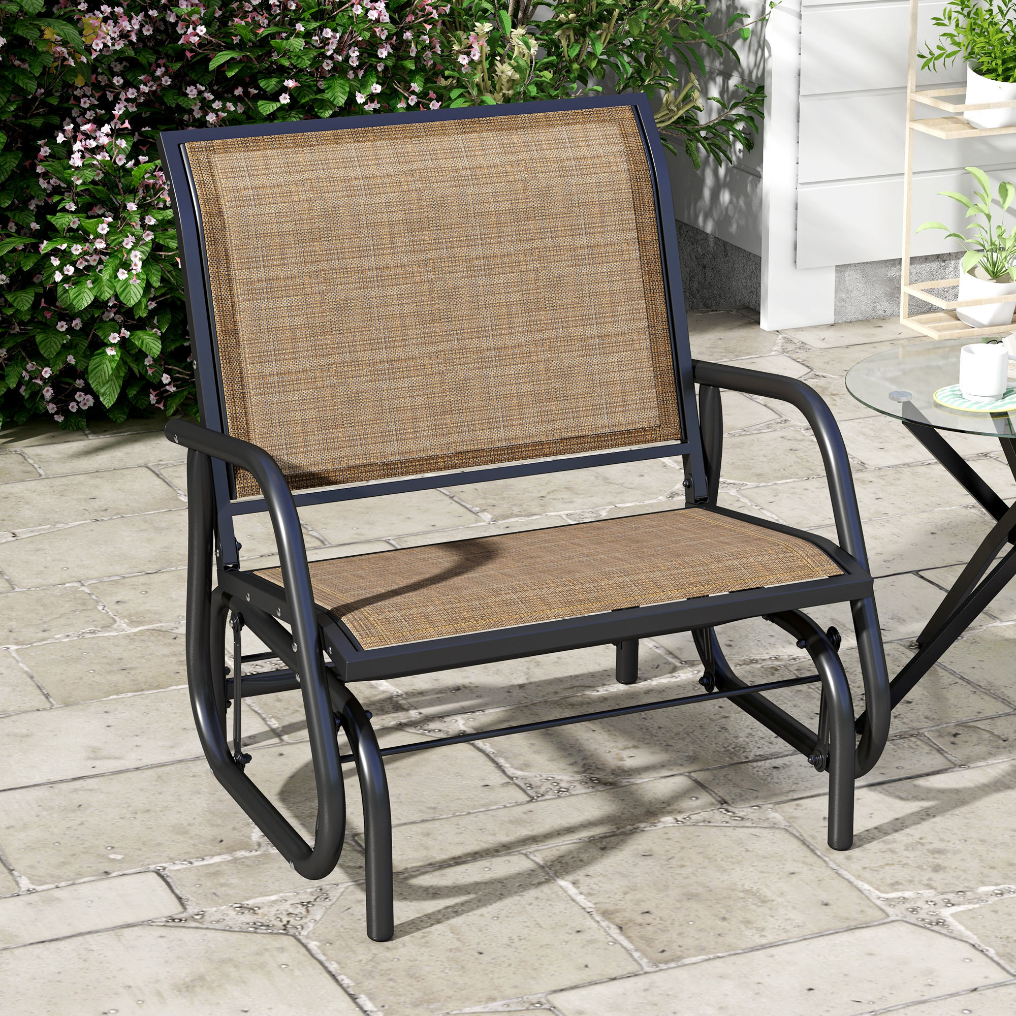 Sillón planeador de acero para exterior con reposabrazos curvos, Marrón