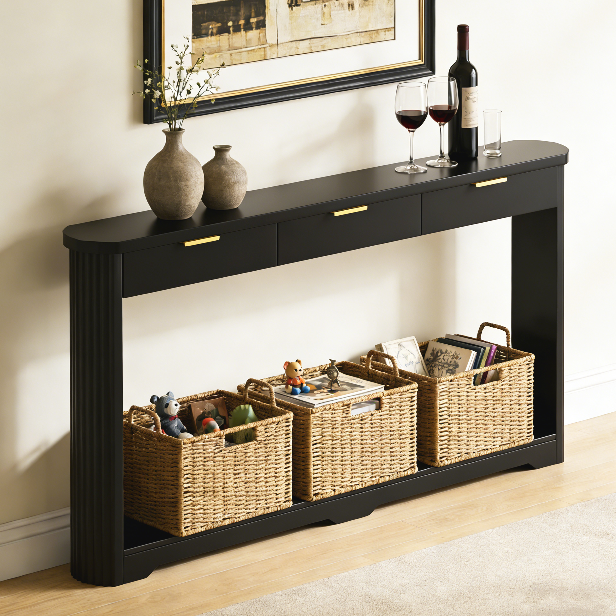 70.1  Wavy-Patterned Storage Table With Drawers, A Slim Wooden Side Table That Can Be Placed Behind A Sofa, Ideal For Entryways, Hallways, And Doorways.Black.70.1 Lx8.7 Wx35.5 H