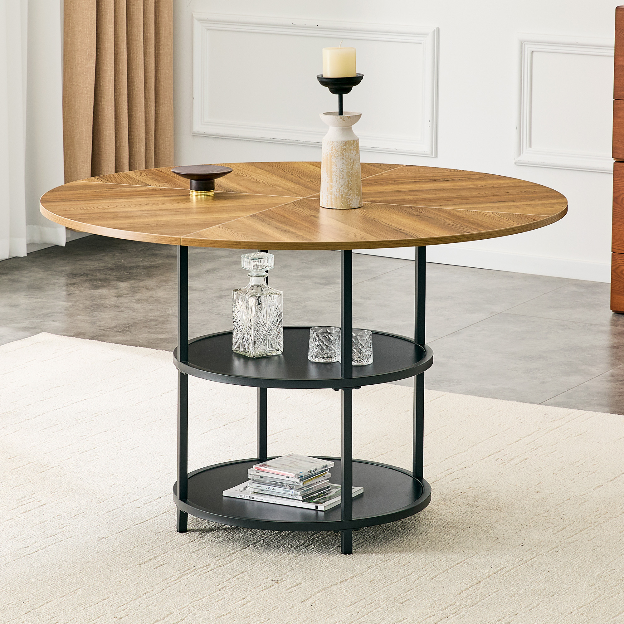 47.3-inch Diameter Modern Splicing Circular Dining Table - Double-layer Storage, Wood And Black Fan-shaped Diagonal Color Matching Design, Interpreting Home Aesthetics And Practicality.