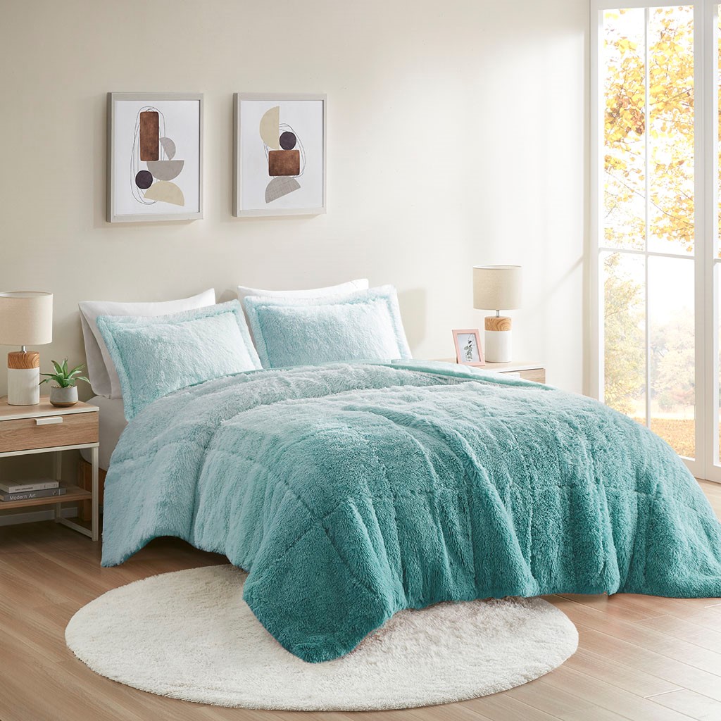 King Cal King Ombre Shaggy Long Fur Comforter Mini Set